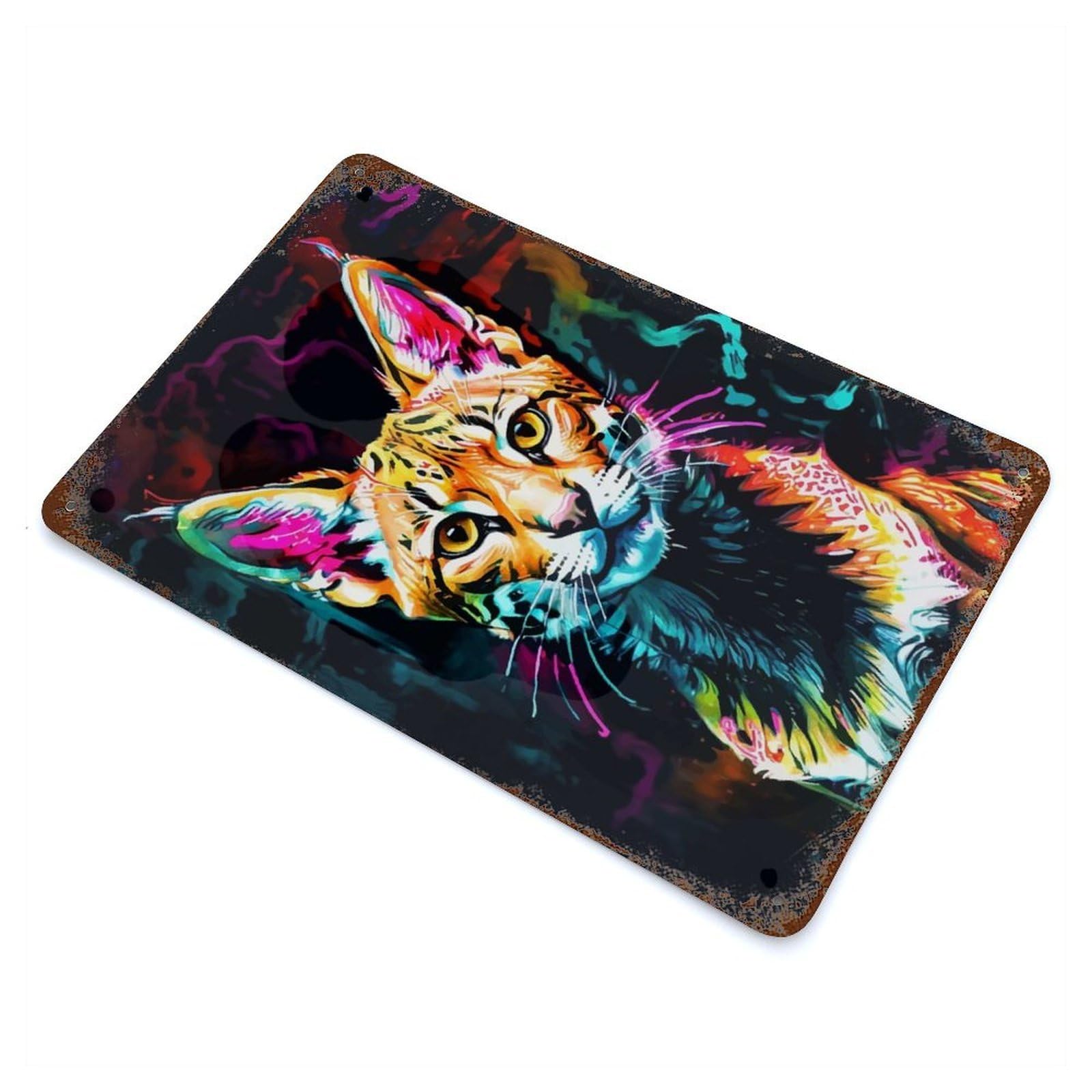 Neon Serval Portrait Aged Metal Wall Plaque 11.8"x7.9", for Living Room, Hallway And Home Decor, Shabby Chic Decor