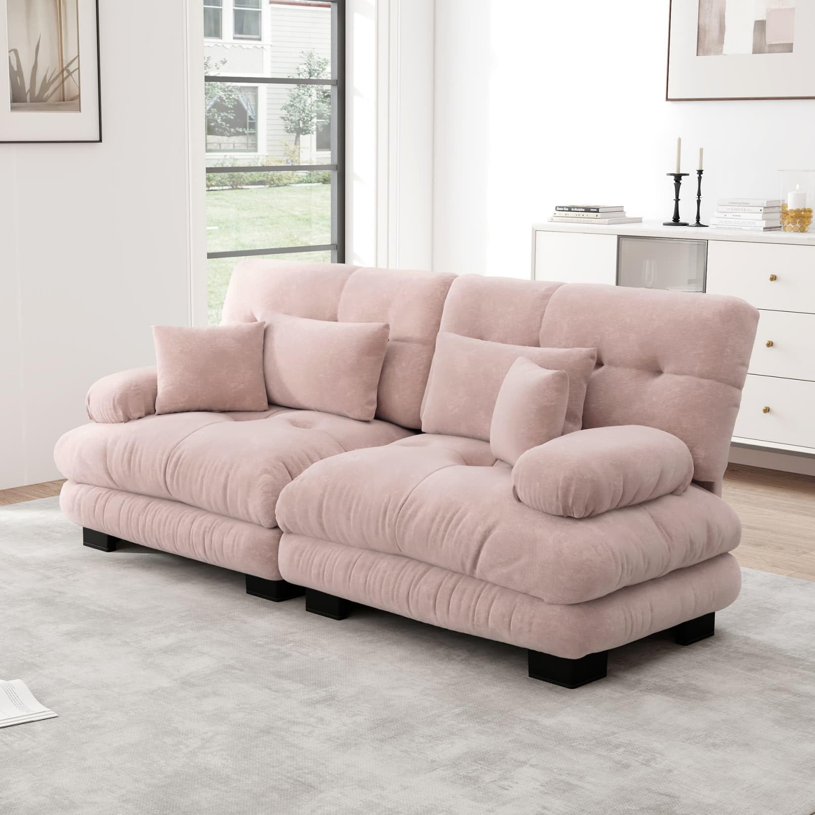 EURHCIO Canapé d'angle Modulable,Canapé 2 Places Salon en Chenille,avec Coussin et Accoudoirs Rembourrés Circulaires,pour Salon,Bureau et Home Cinéma (Rose, 2places)