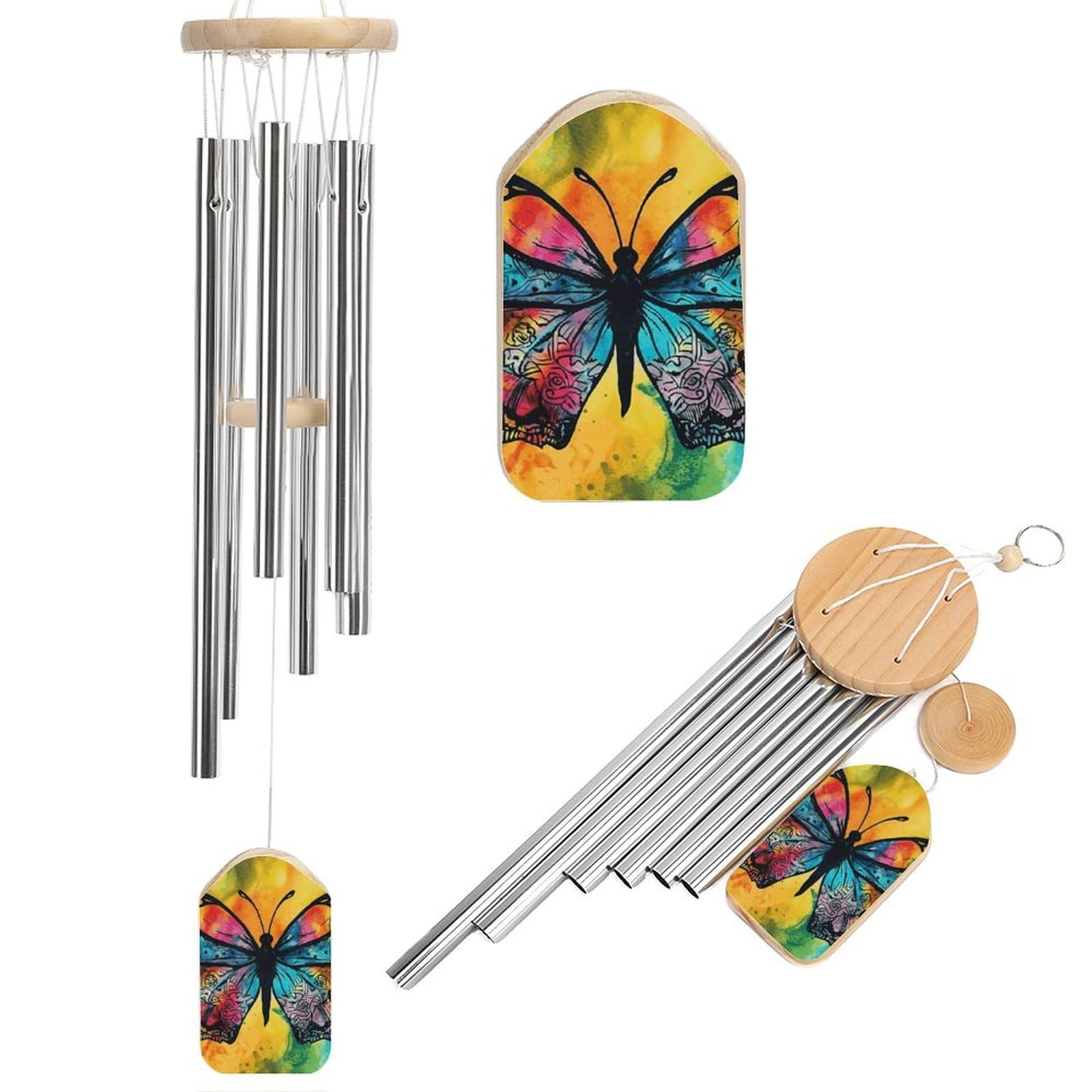 Butterfly Tie Dye Wind Chimes Outdoor Large Deep Tone,Double Sided Wind Chime Sympathy Wind-Chime Personalized with 6 Tuned Tubes, Elegant Chime for Garden Patio Balcony and Home