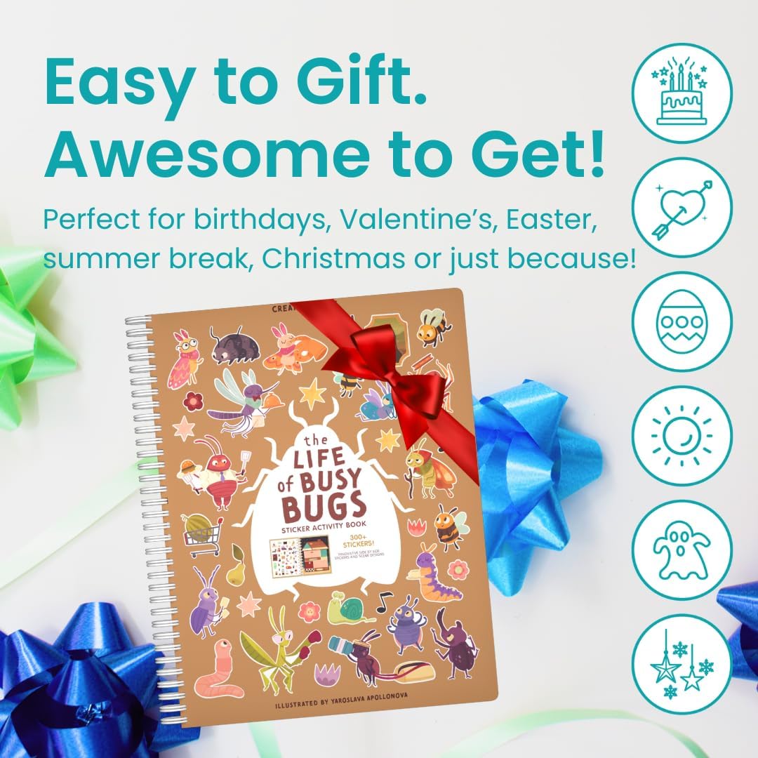 The Life of Busy Bugs 300+ Sticker Book for Girls by Cupkin Toddler Road Trip Activity Coloring + Sticker Book, 8 Coloring Pages + Scenes for 2-8 Years Children's, Valentines Gifts for Kids - Image 7