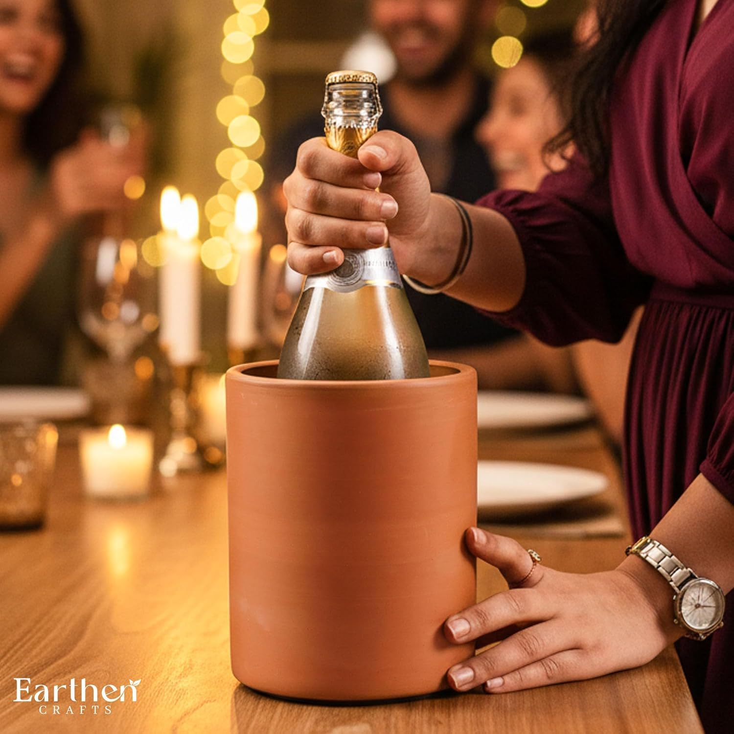 Enfriador de vino de terracota de 6.5 pulgadas de arcilla natural | Soporte aislado para botellas de vino y champán para botellas de vino sin hielo para accesorios de bar