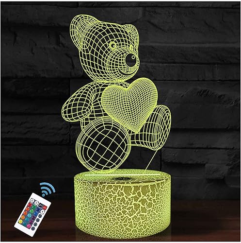 Luz nocturna de oso de peluche, control remoto de 16 colores y tacto inteligente, lámpara de noche de ilusión 3D, decoración de dormitorio, regalo