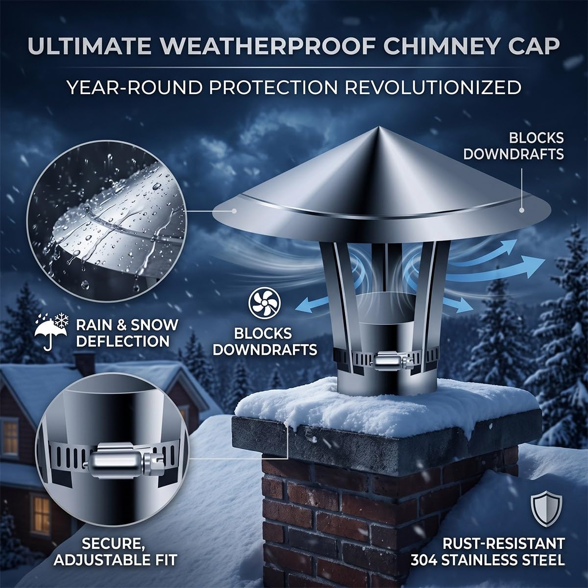 Sombrerete Chimenea Acero Inoxidable Tapa Protectora para Tubo de Estufa Caperuza Antilluvia Sombrero de Ventilación Techo Salida Humos Deflector Viento Tiro Óptimo Fácil Montaje(300mm)