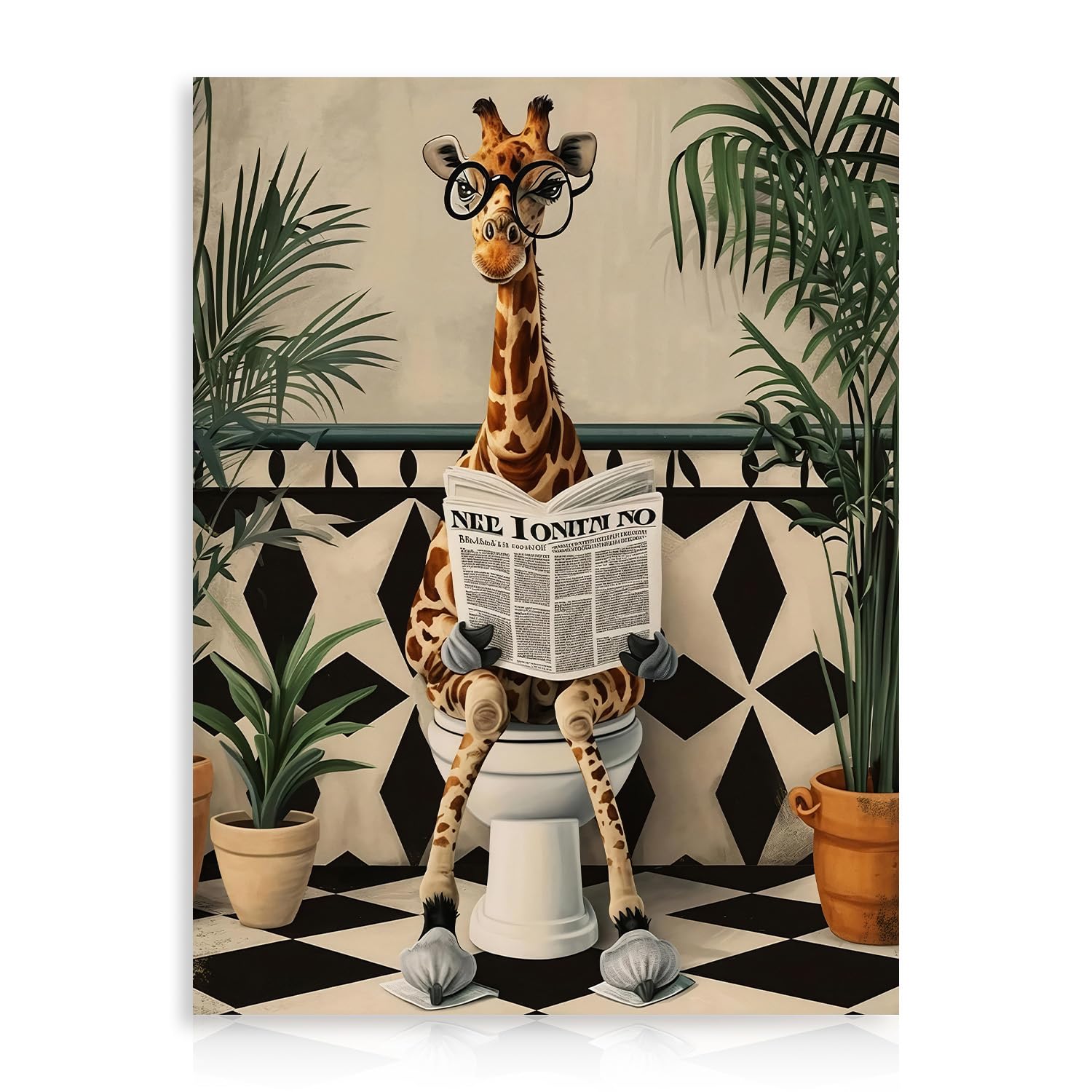 Dazzlewall Funny Giraffe Bathroom Wall Art, Whimsical Glasses-Wearing Giraffe Reading Newspaper for Bathroom Toilet 12x16 in Unframed