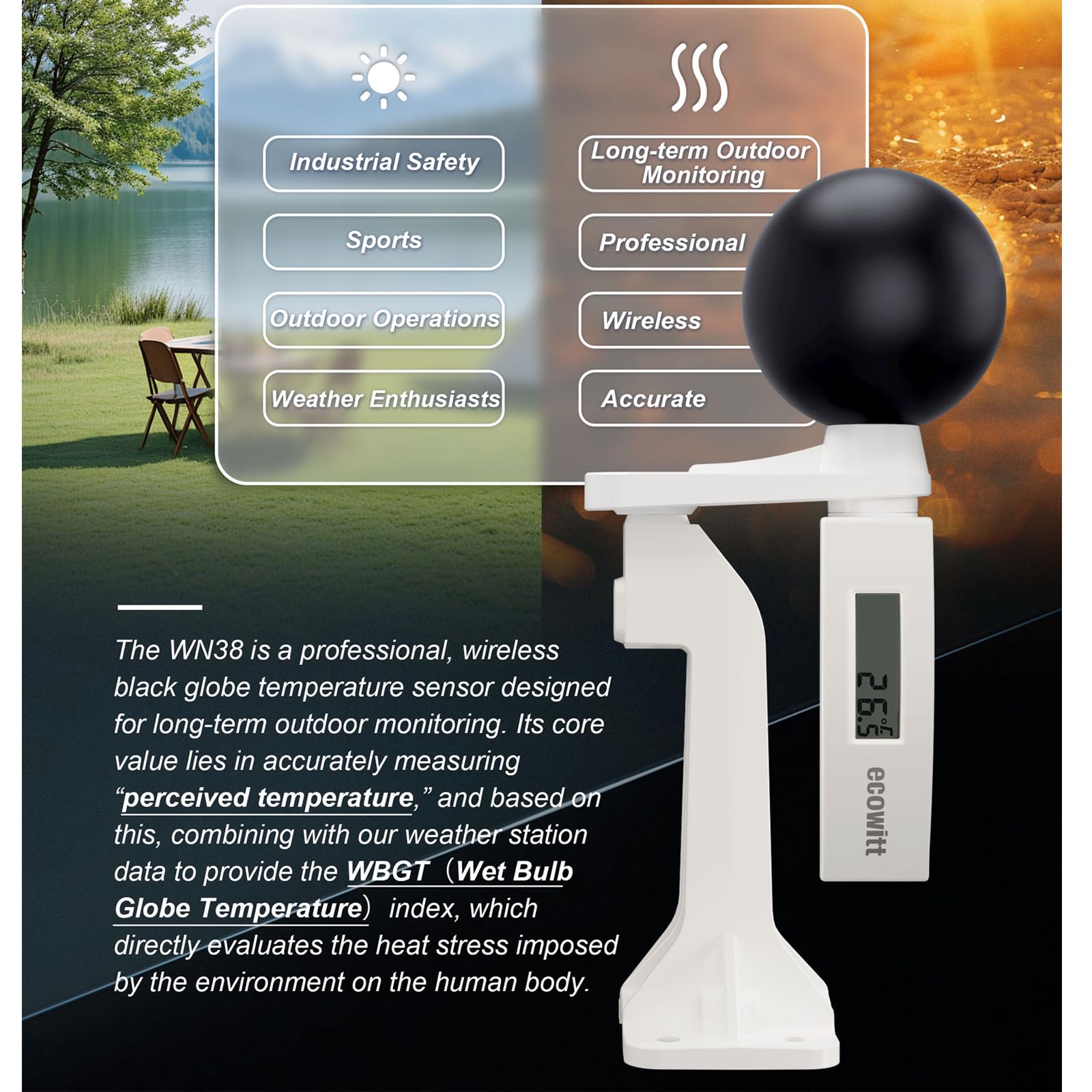 ECOWITT WN38 WBGT + HI Misuratore di indice di calore Sensore di temperatura globo nero Accessorio solo Non può essere utilizzato da solo