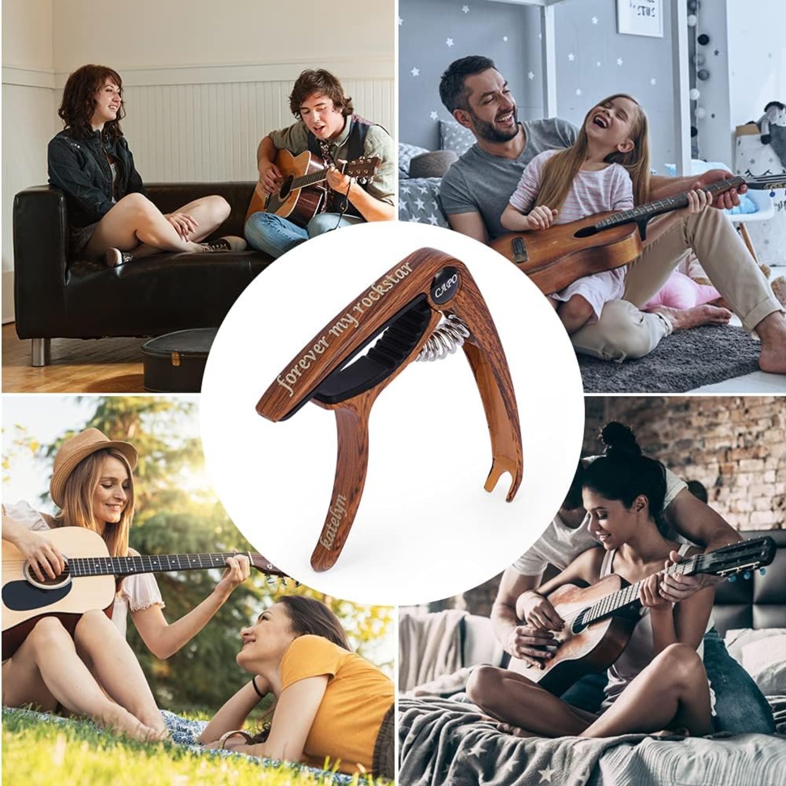 Capodastre de guitare personnalisé gravé en bois/métal capodastre de musique professeur de musique cadeaux pour lui papa hommes mari petit ami cadeau musicien bande accessoires de guitare (1 pièce)