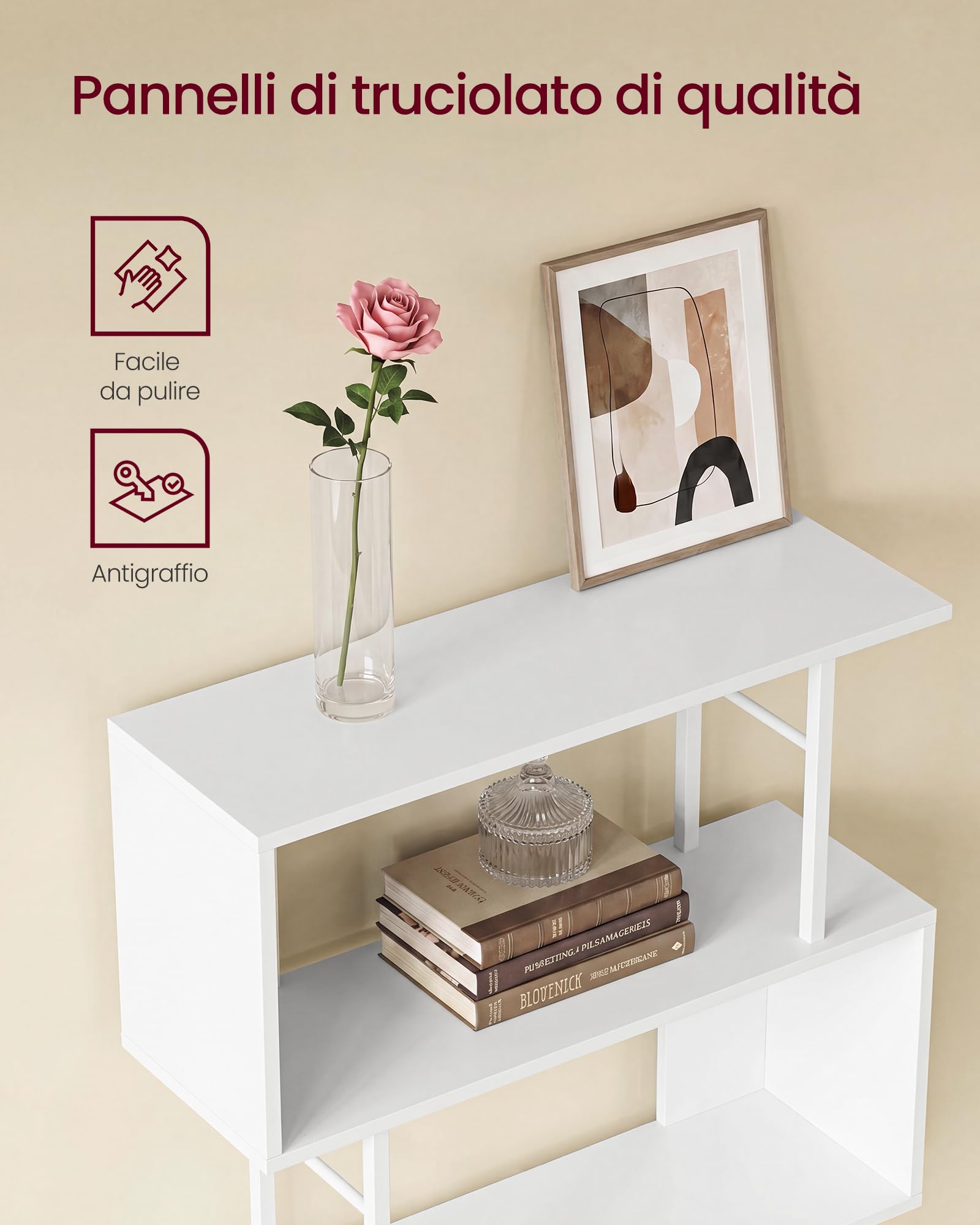 VASAGLE Libreria a Forma di S a 7 Ripiani, in Legno e Metallo, Scaffalatura Portaoggetti, 60 x 24 x 190,5 cm, per Soggiorno e Ufficio, Bianco Nuvola e Bianco Opaco, Collezione Barnet LLS173WB01