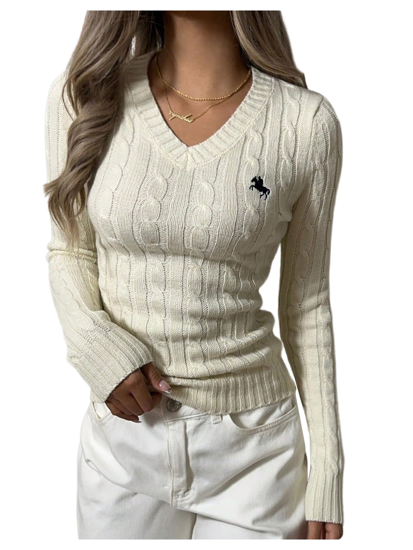 WDIRARA Womens Embroidered V Neck Long Sleeve Sweater Casual Cable Knit Pullover Tops