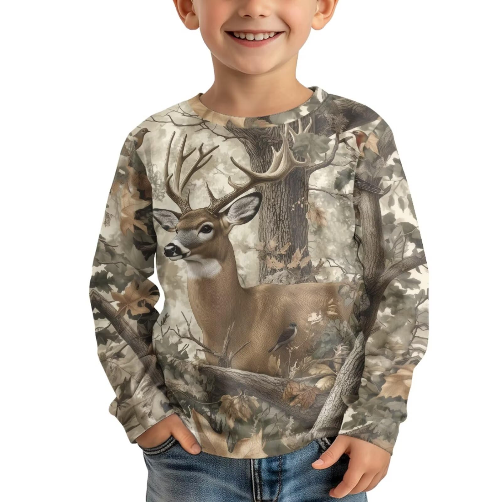 WELLFLYHOM Camo Hunting Deer Tee Tops for 11-12 Boys Long Sleeve Shirt Cool Outfits American Flag Graphic Pullover T-Shirt Crewneck Top Athletic Spring Fall Blouses Yoga Clothes