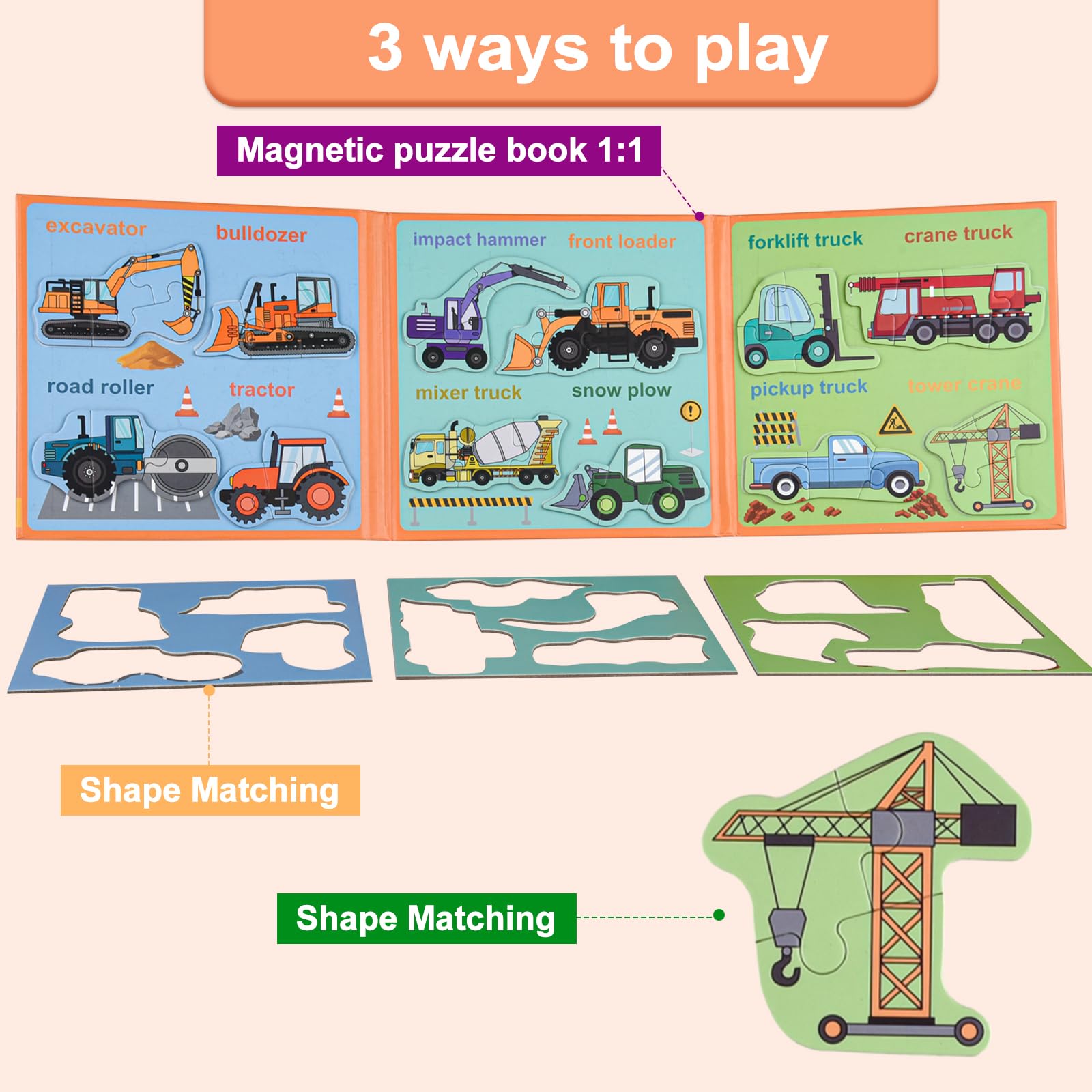ASTARON Magnetic Puzzle with 80 Puffy Stickers for Toddlers 41 Pieces Construction Vehicles Toddler Puzzles Preschool Education learning Travel Toys Car Plane Activities For Kids Quiet Time - Image 4
