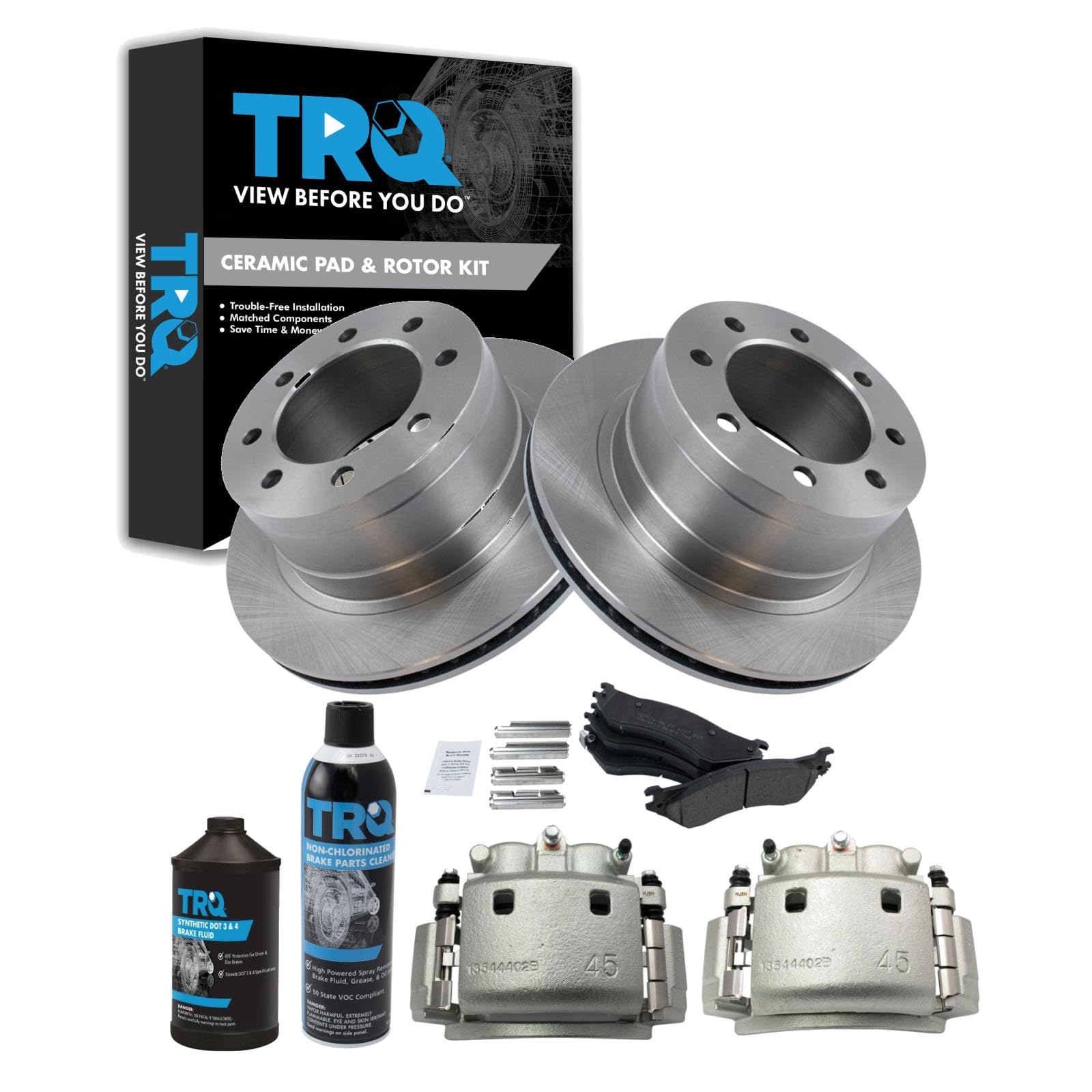 TRQ Rear Brake Pad, Caliper, &amp; Rotor Kit, with Chemical Kit Ceramic Compatible with 2006-2008 Dodge Ram 1500 2003-2008 Ram 2500, 3500