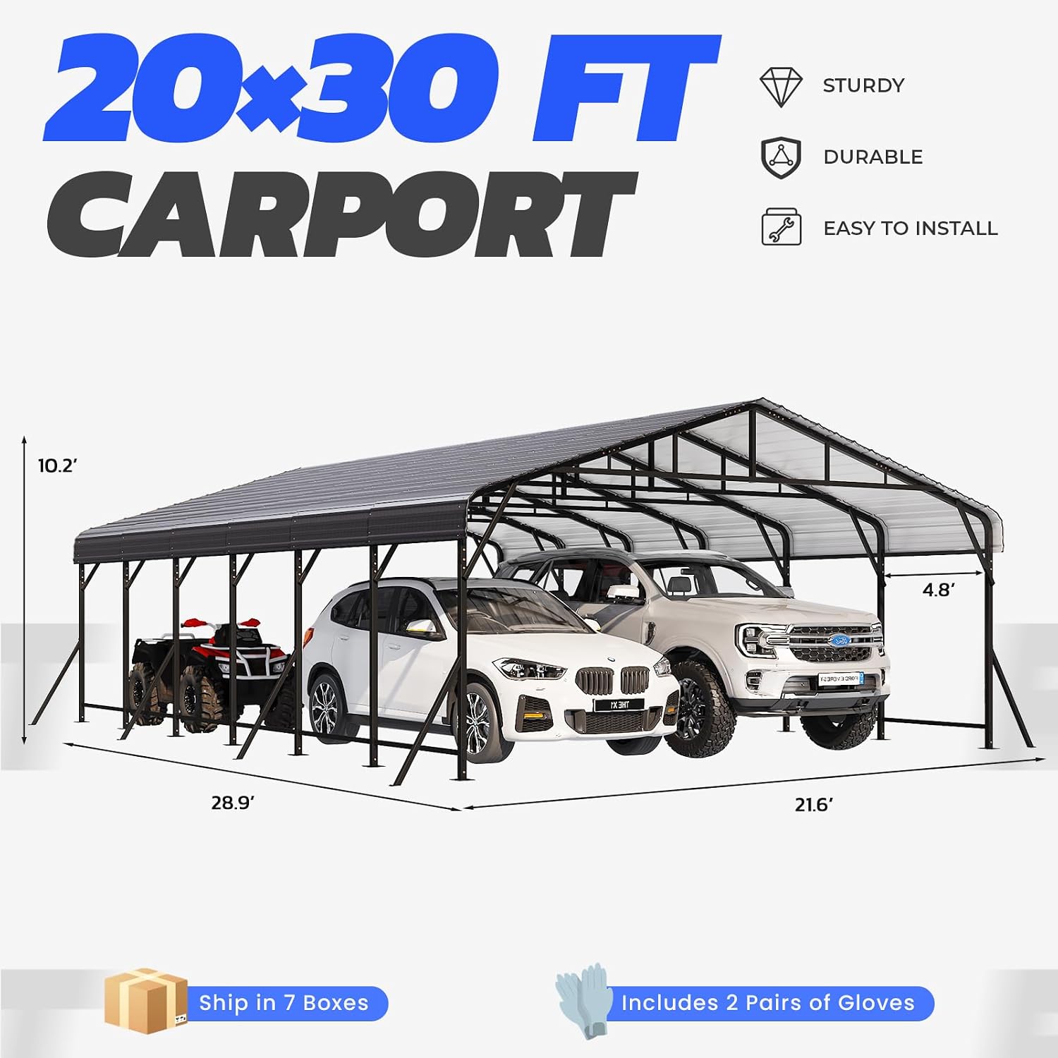 EROMMY 20x30 FT Heavy Duty Metal Carport with Reinforced Steel Braces & Galvanized Steel Roof and Frame, Sturdy Car Shed in All Weathers, Easy Assembly Car-Shelter for 2 Cars, SUV, Tractors and Boat
