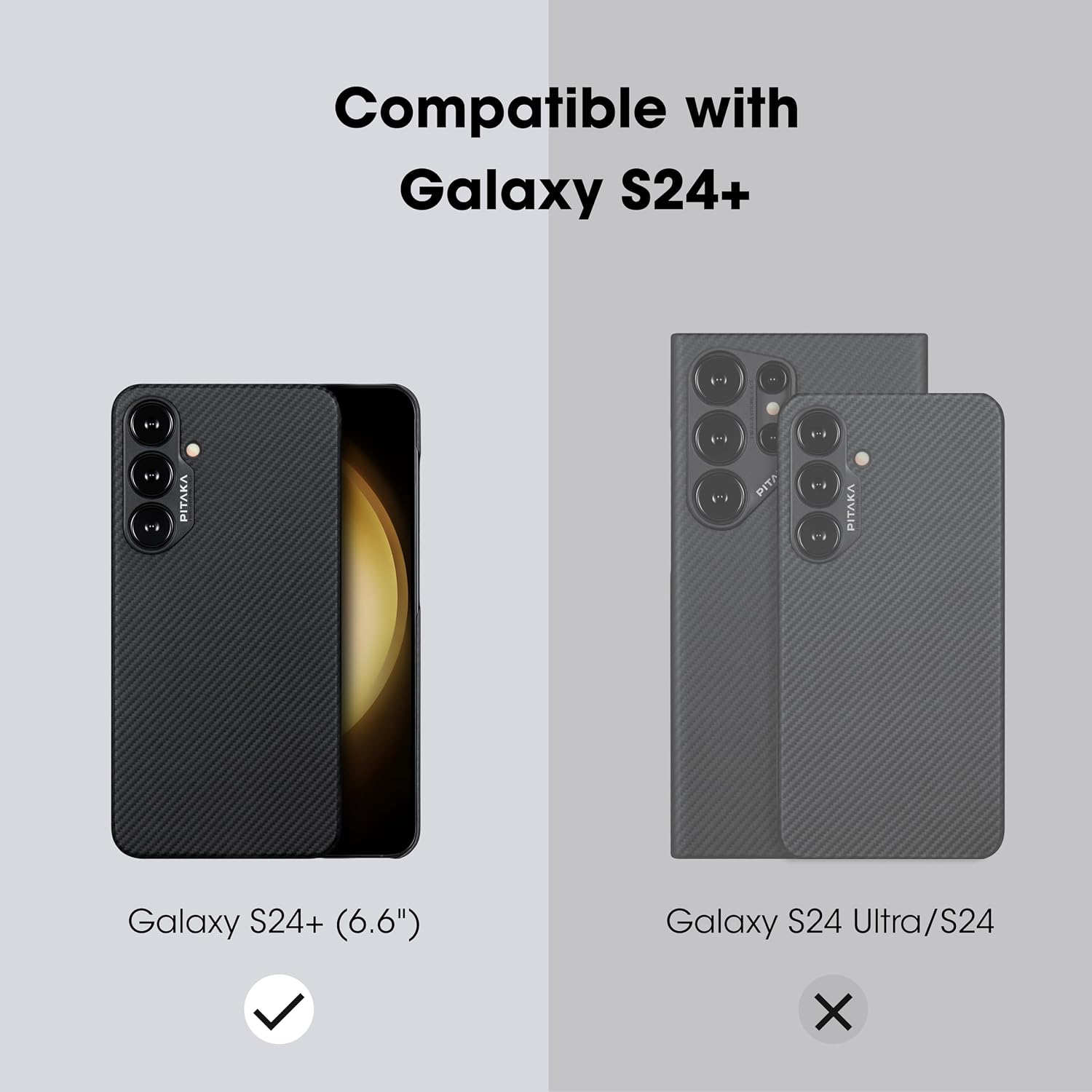 pitaka Case for Samsung Galaxy S24 Plus, 6.7 Inch, Compatible with MagSafe, Slim & Light Samsung Galaxy S24 Plus Case, 600D Aramid Fiber Made [MagEZ Case 4 - Black/Grey(Twill)]
