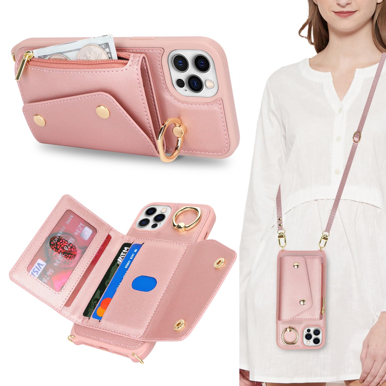 Lipvina for iPhone 11 Pro Max Case with Card Holder and Strap - Zipper Pocket,Crossbody Lanyard Strap,Credit Card Holder,Stand Ring,Cute Phone Wallet