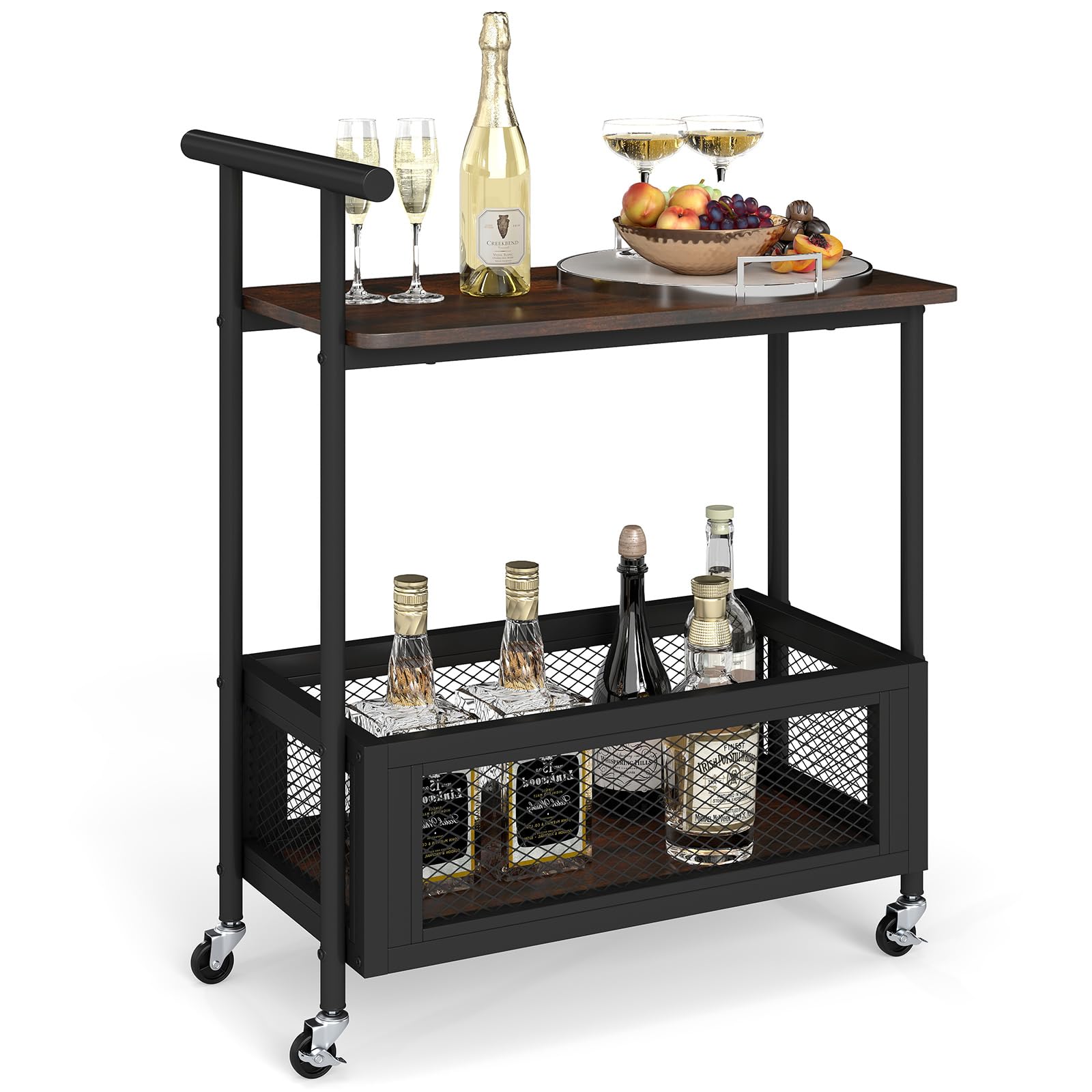 Giantex Mesa Auxiliar con Ruedas, Carrito Móvil con Estante y Cesta de Almacenamiento, Carro de Servicio con Asa, 60 x 40 x 72 cm, Mueble Auxiliar para Cocina, Comedor, Salón, Bar