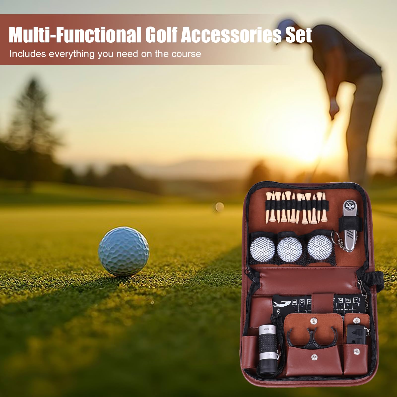 Kit Accessori da Golf Uomo Donna, Borsa Multifunzionale 7 in 1 con Tasca in PU, Regalo per Golfista Completo con Spazzola Pulizia, RaccogliPalle, Forchetta da Green