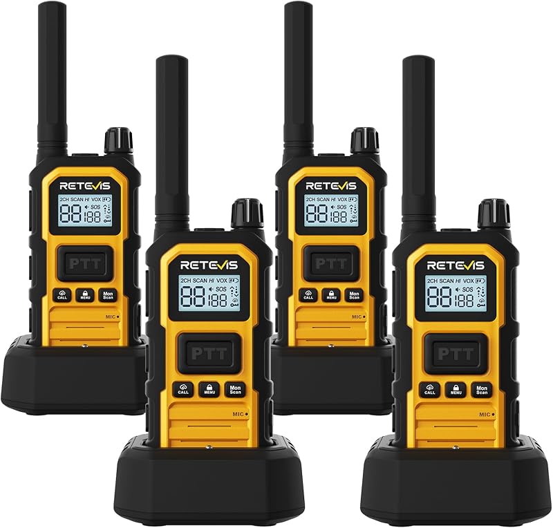 Walkie Talkies RB48 Plus GMRS de largo alcance para uso industrial (paquete de 4) | Radios bidireccionales de alta resistencia, resistencia al agua IP67, a prueba de polvo y golpes, repetidor de conexión, batería de larga duración de 17 horas, SOS, alerta meteorológica