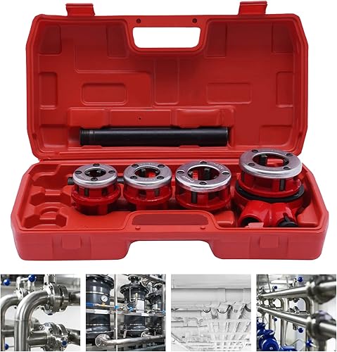 CheriMuMu Kit de enhebrador de tubería de trinquete, roscado manual de tubería de corte de hilo de acero, fontanero BSPT de 12''-1-14'' con estuche