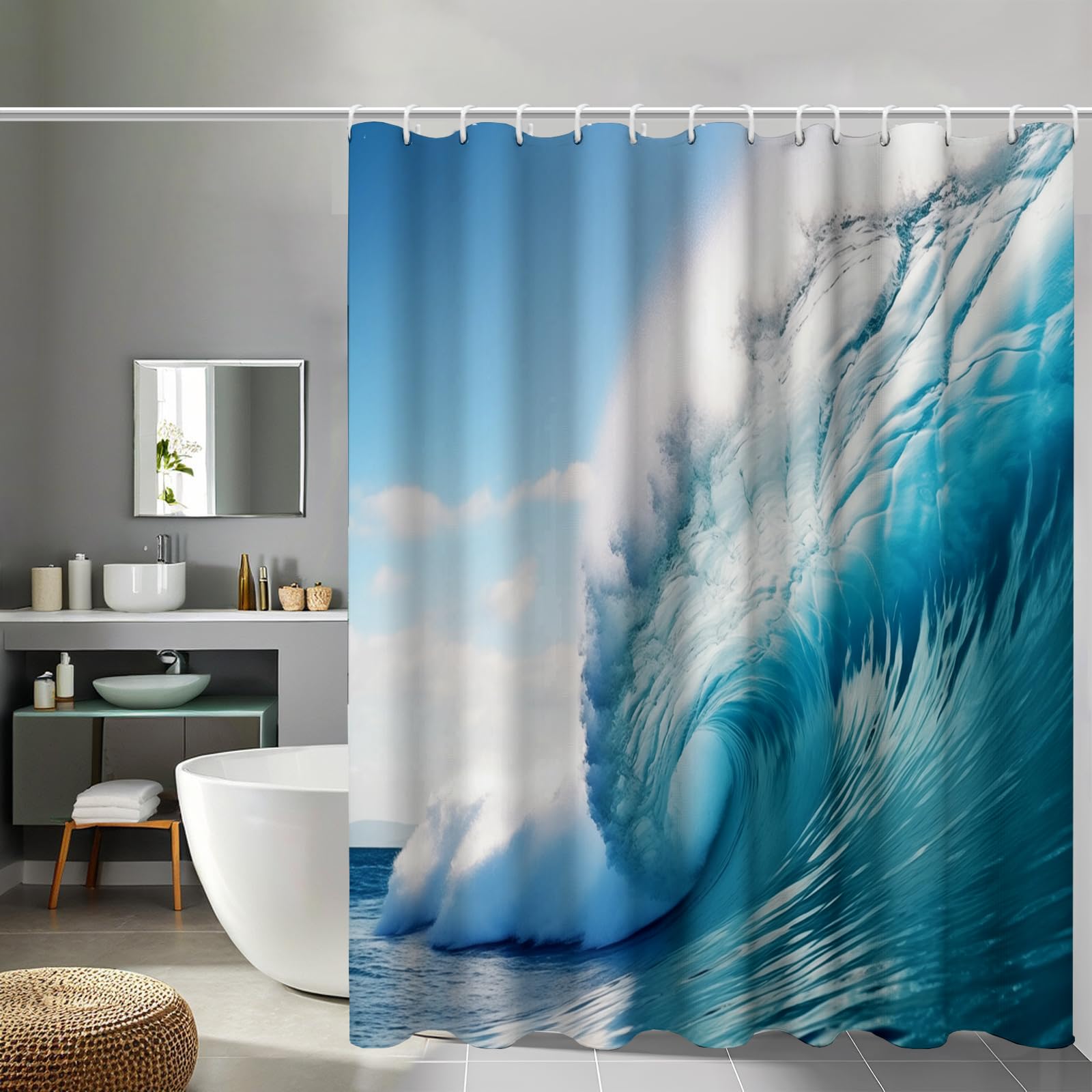 Rideau de douche imperméable motif mer vagues bleu océan en polyester pour salle de bain