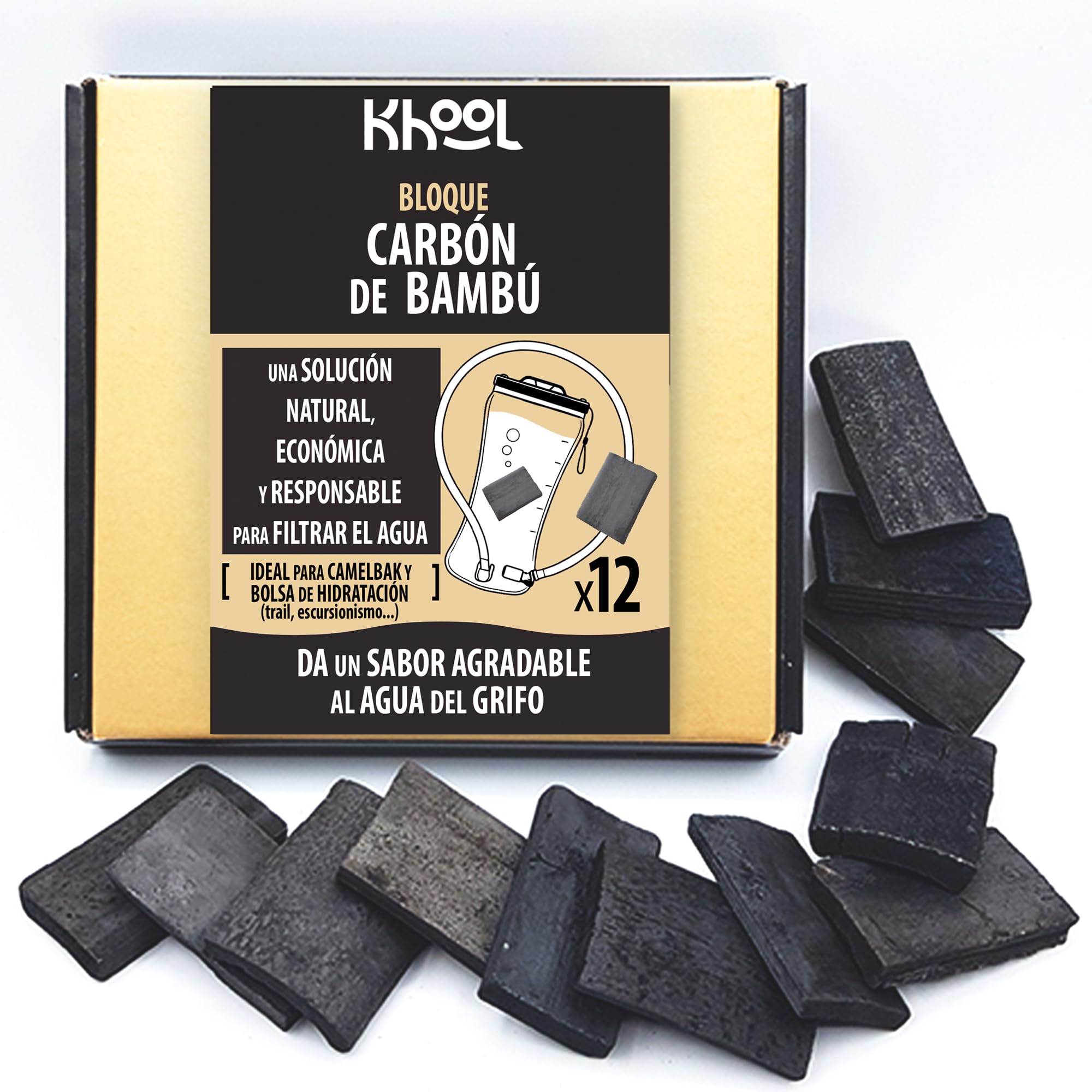 KHOOL | Carbón de Bambú para Bolsas de Hidratación y Camelbak | Purificador Natural | Elimina Sabores y Olores Desagradables | Hidratación Mejorada | 12 Bloques