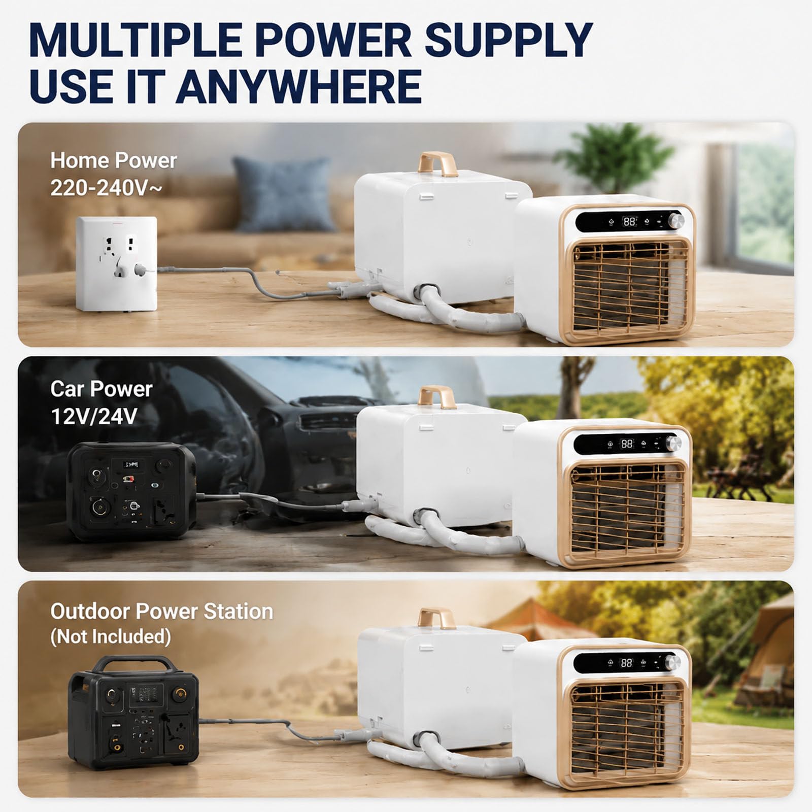 Condizionatore Portatile Split da 6800 BTU, climatizzatore Mobile Compatto con unità Esterna, Portata d'Aria di 130 m³/h, Telecomando; Ideale per Campeggio, roulotte, casa e Ufficio.