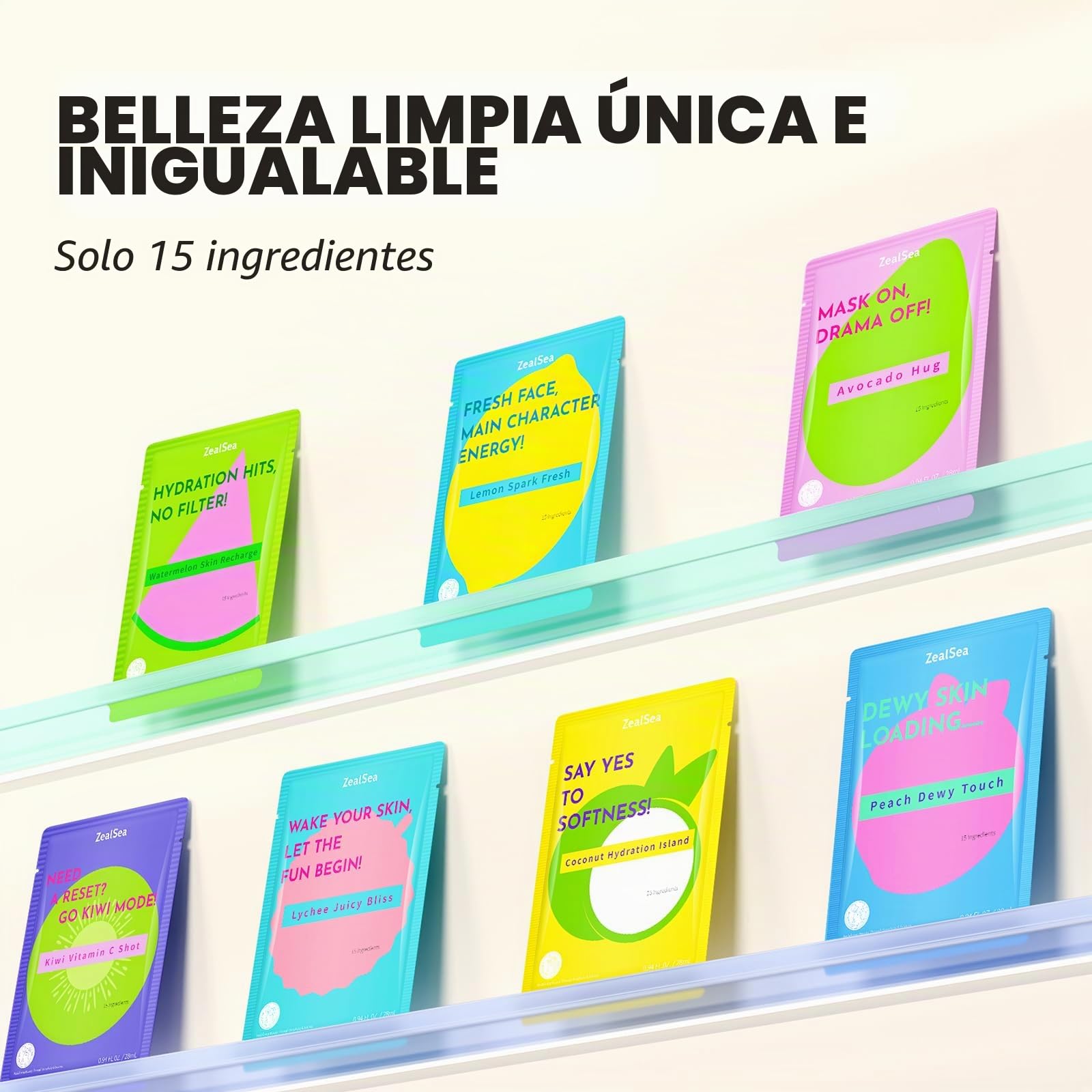 ZealSea EWG Set de mascarillas faciales, pack de 21, regalo spa para teens | Mascarillas clean beauty, 15 ingredientes, diseño color dopamina, para fiesta de pijamas y sleepover, regalo trendy para ella