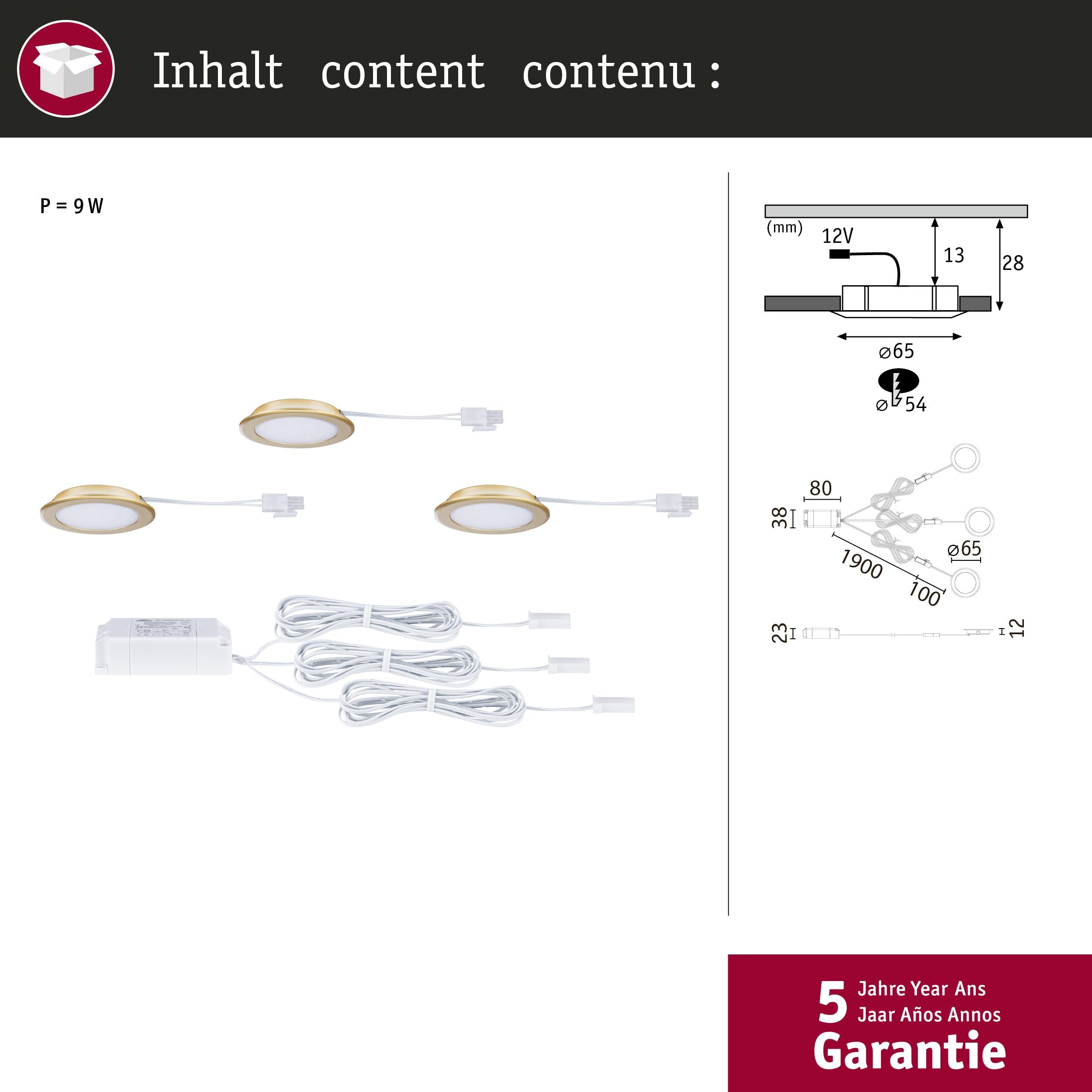 Paulmann 93124 Encastrés meubles LED kit de 3 65 mm 3x2,5W 3x180lm 230/12V 4000 K Doré mat