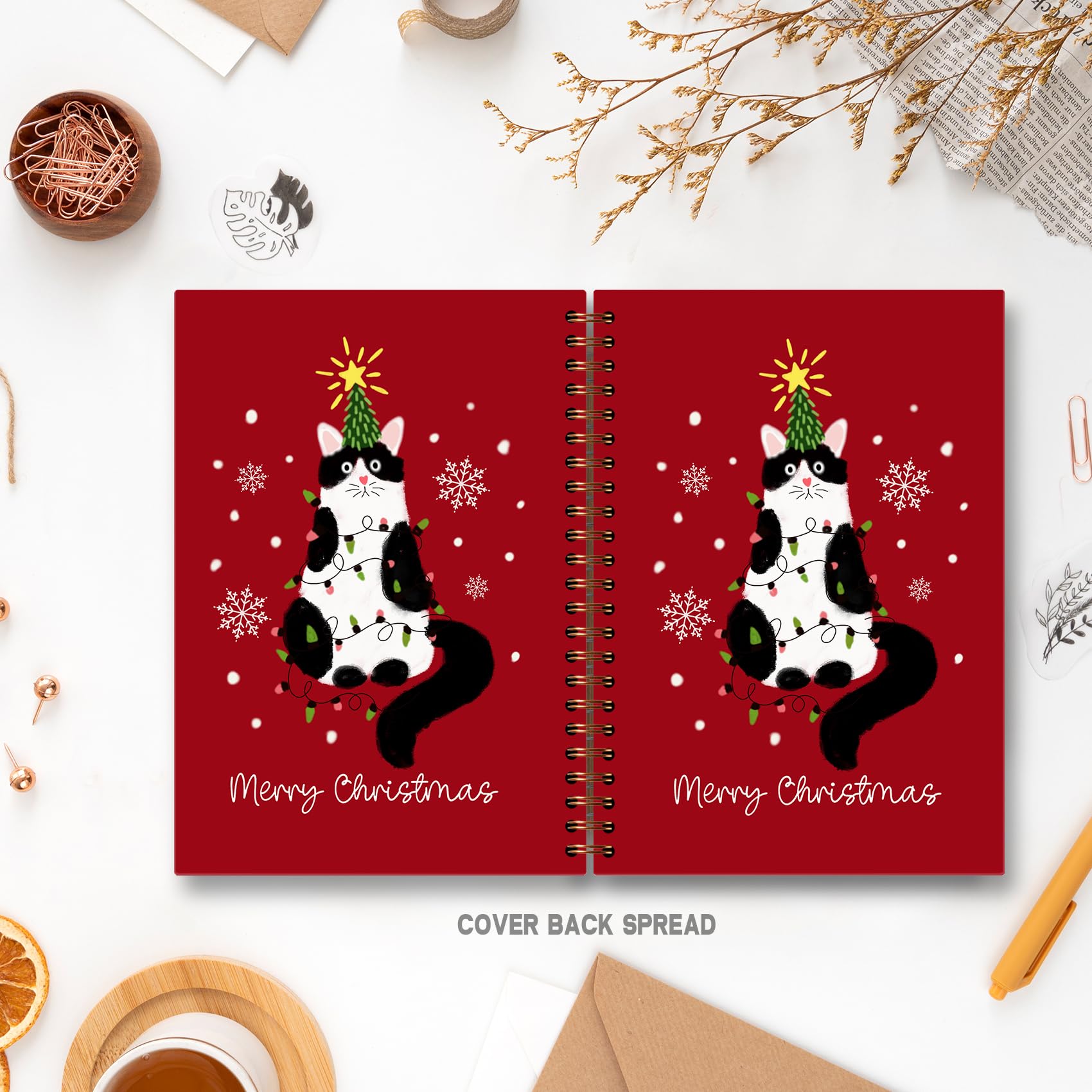 Cuaderno rojo de esmoquin de Navidad, diario de copo de nieve de invierno, diario de regalos para amantes de los gatos, diario de regalo para mujeres y niñas, divertido cuaderno en espiral de