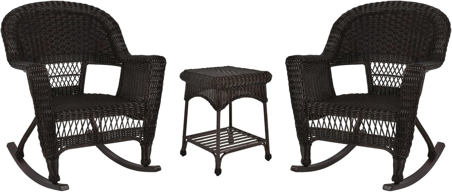 Jeco 3 Piece Rocker Wicker Chair Set, Espresso