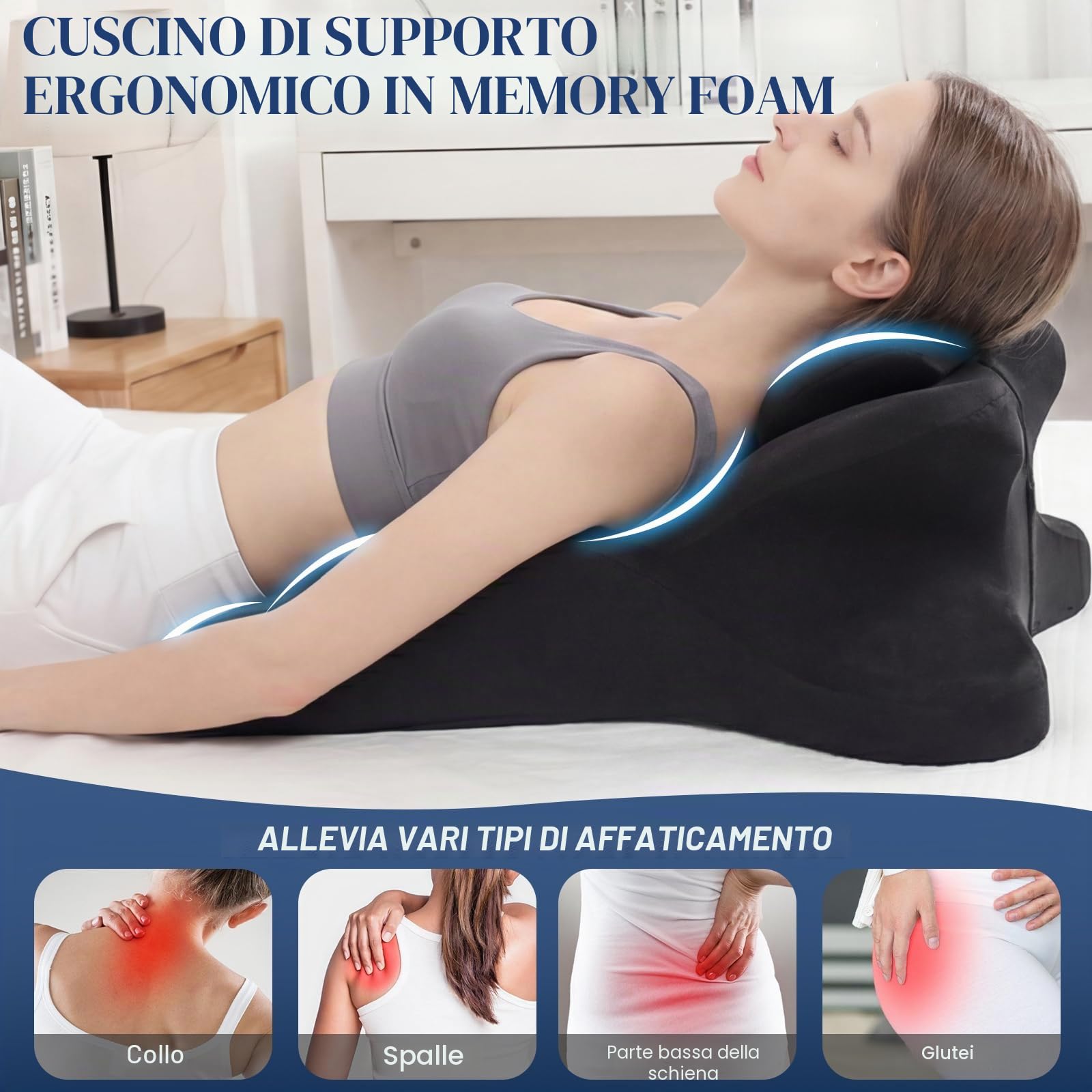Cuscino Ergonomico a Cuneo in Memory Foam 27° con Poggiatesta Removibile, Cuscino da Lettura per Letto e Divano, Supporto per Schiena, Collo e Gambe, Fodera Lavabile Antiscivolo, 59 x 39 cm