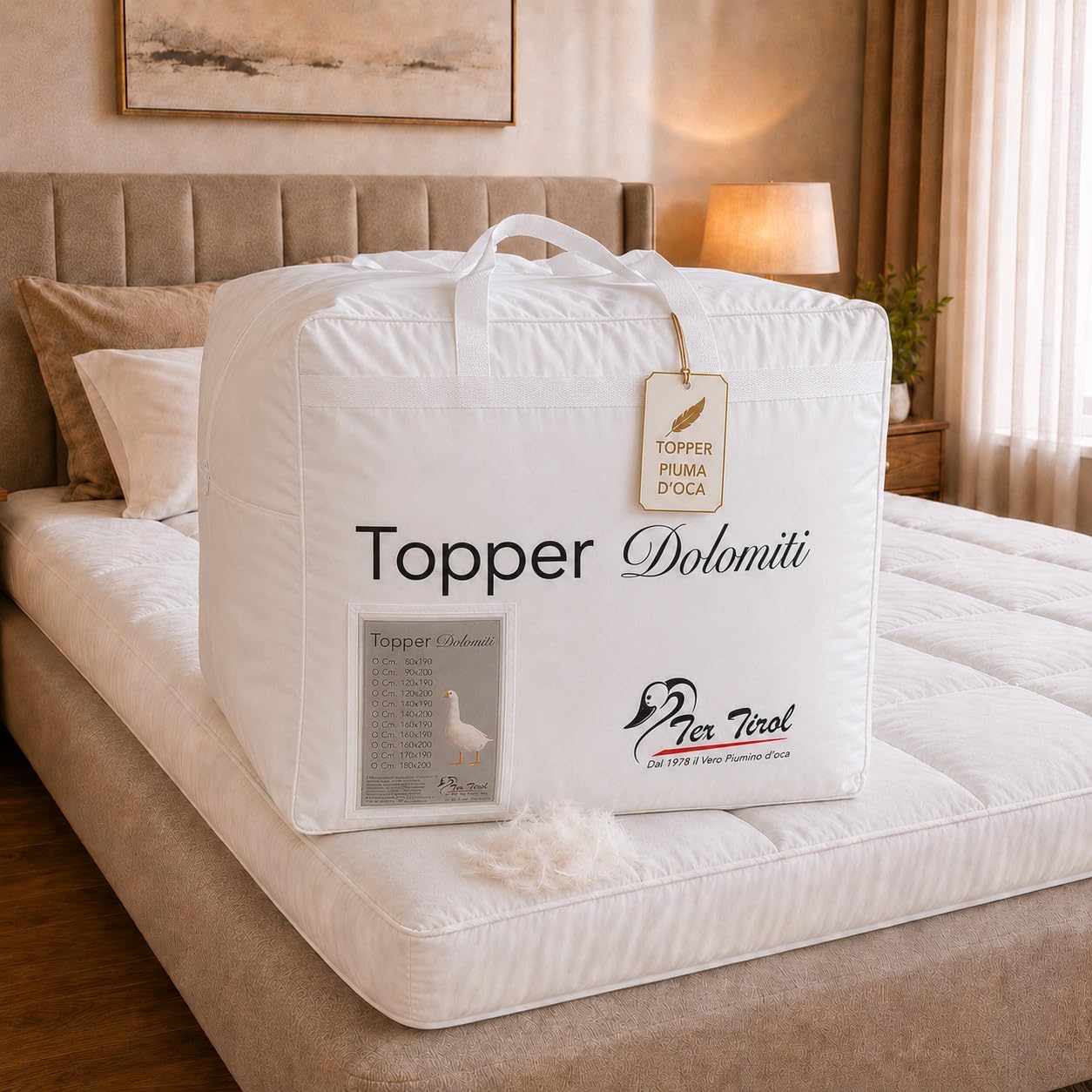 TOPPER per Materasso in PIUMINO Oca TEX TIROL © DOLOMITI 50% Piumino Oca / 50% Piuma Oca - Matrimoniale cm. 160x190