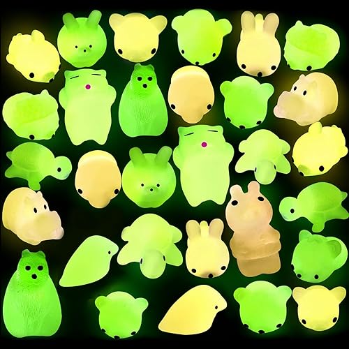 Outee 30 Pcs Glow in The Dark Mochi Animal Toys - Mini Stress Relief Toys for Easter Gifts