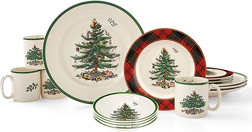 Spode Christmas Tree - Juego de vajilla de tartán de 16 piezas (servicio para 4), vajilla festiva con platos, cuencos, tazas, vajilla de porcelana