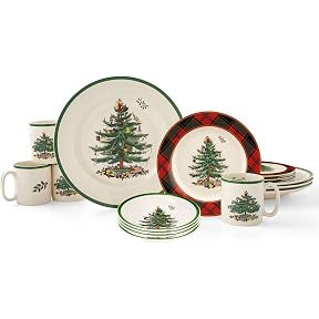 Spode Christmas Tree 12-Piece Dinnerware Set (Service for 4) – Made in the UK – New & Improved – Fine Earthenware Holiday Dinner Set – Microwave & Dishwasher Safe – Christmas Tableware, Festive Set