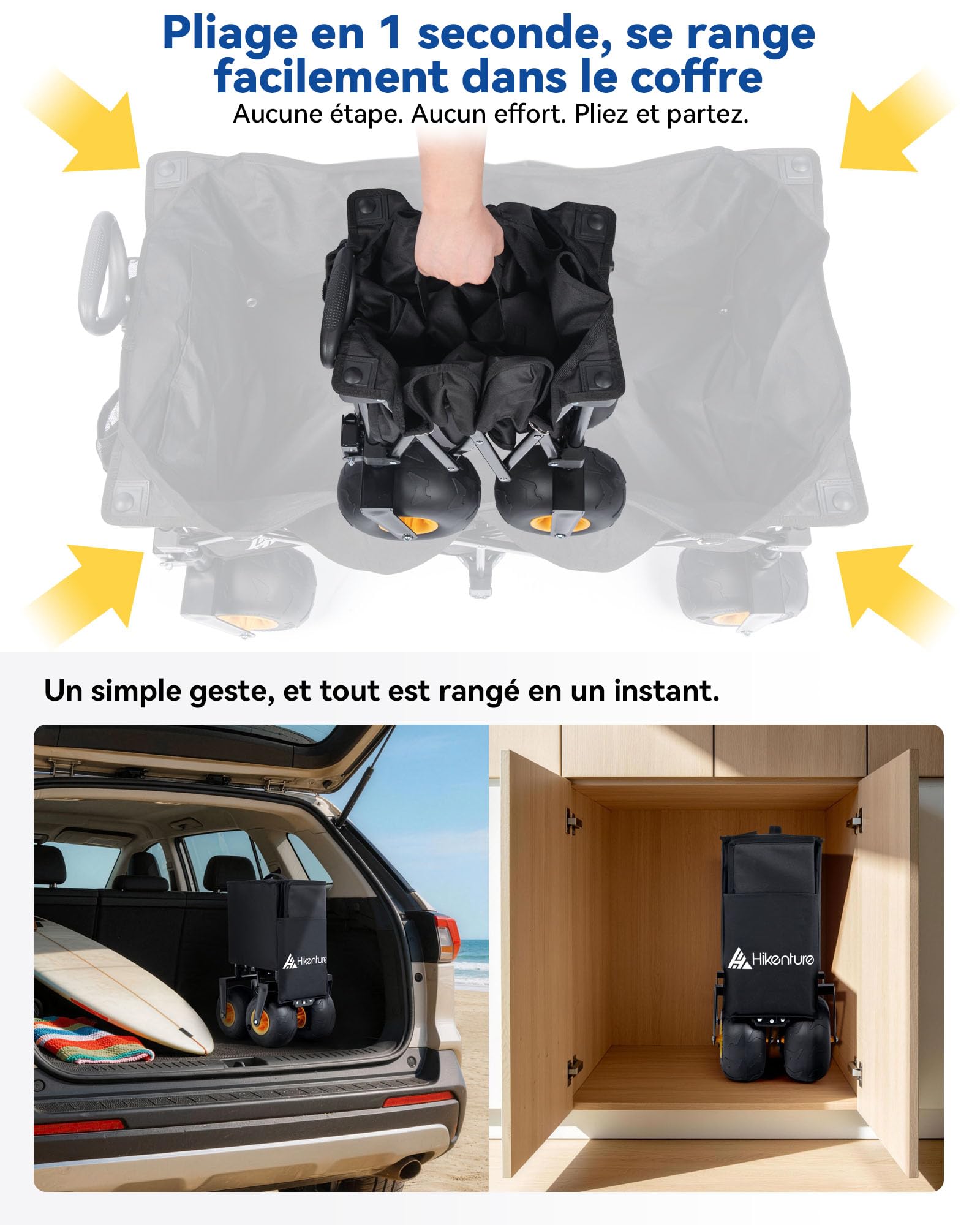 HIKENTURE Chariot de Plage Pliable 135 L, Grosses Roues Ballon 190 mm × 100 mm - Chariot Pliable Tout-Terrain - Charge 150 KG - Chariot de Transport pour Plage, Camping, Courses ou Jardin