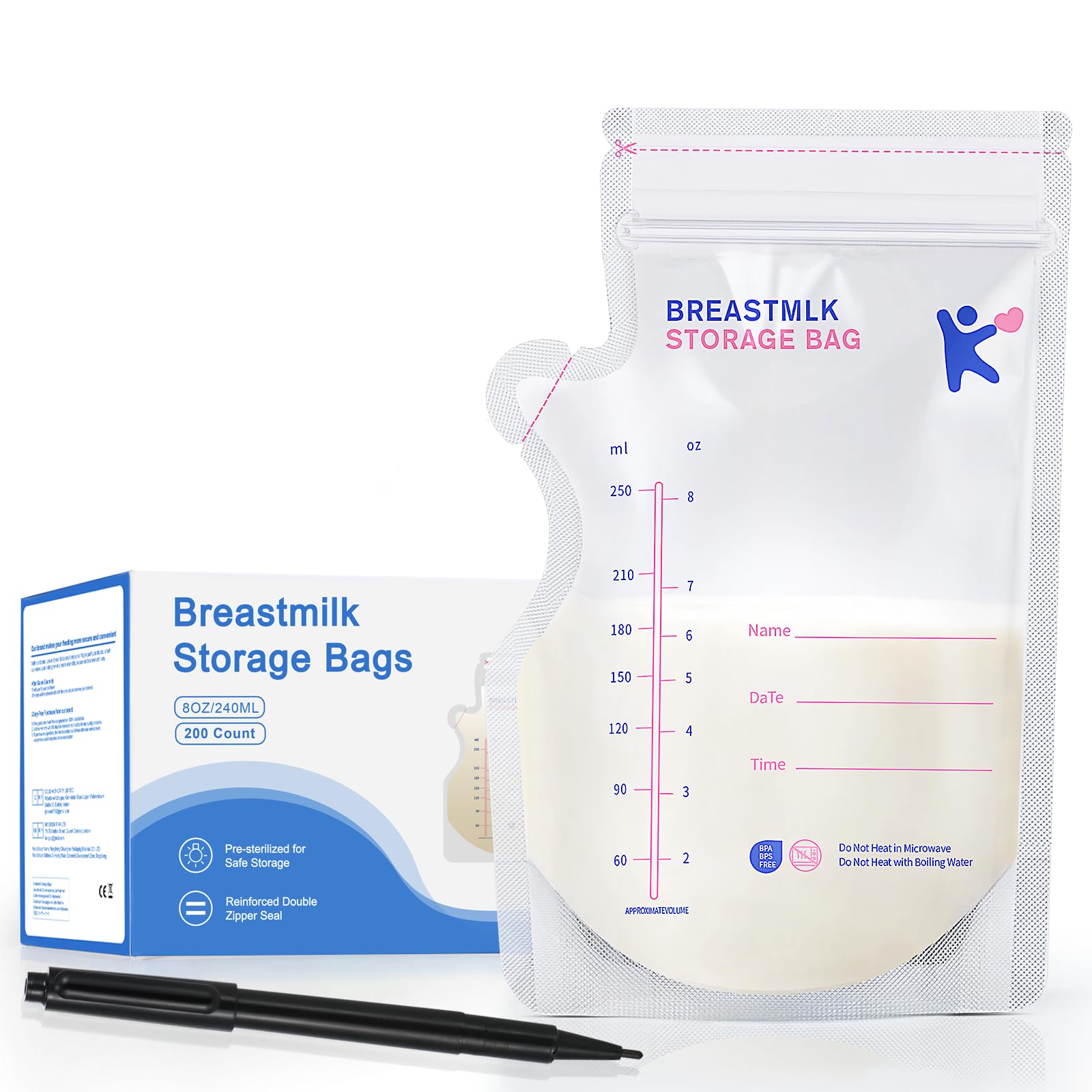 Milk Storage Bags Breastmilk, 200 Count Breastmilk Storage, Easy to Pour Sealable Breastmilk Storage Bags, Self Standing Breast Milk Storage Bags, BPA