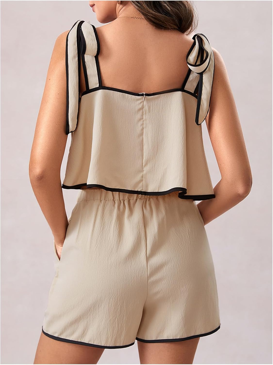 OYOANGLE Women's Two Pieces Outfits Ruffled Bow Strap Tank Top Loose Shorts Summer Casual Travel Lounge Sets - Image 2