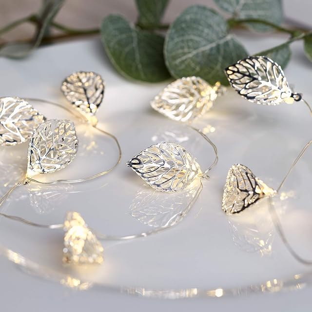 Lights4fun 20 LED Silver Metal Filigree Leaf Garland Micro Lights Battery Timer 1.5m