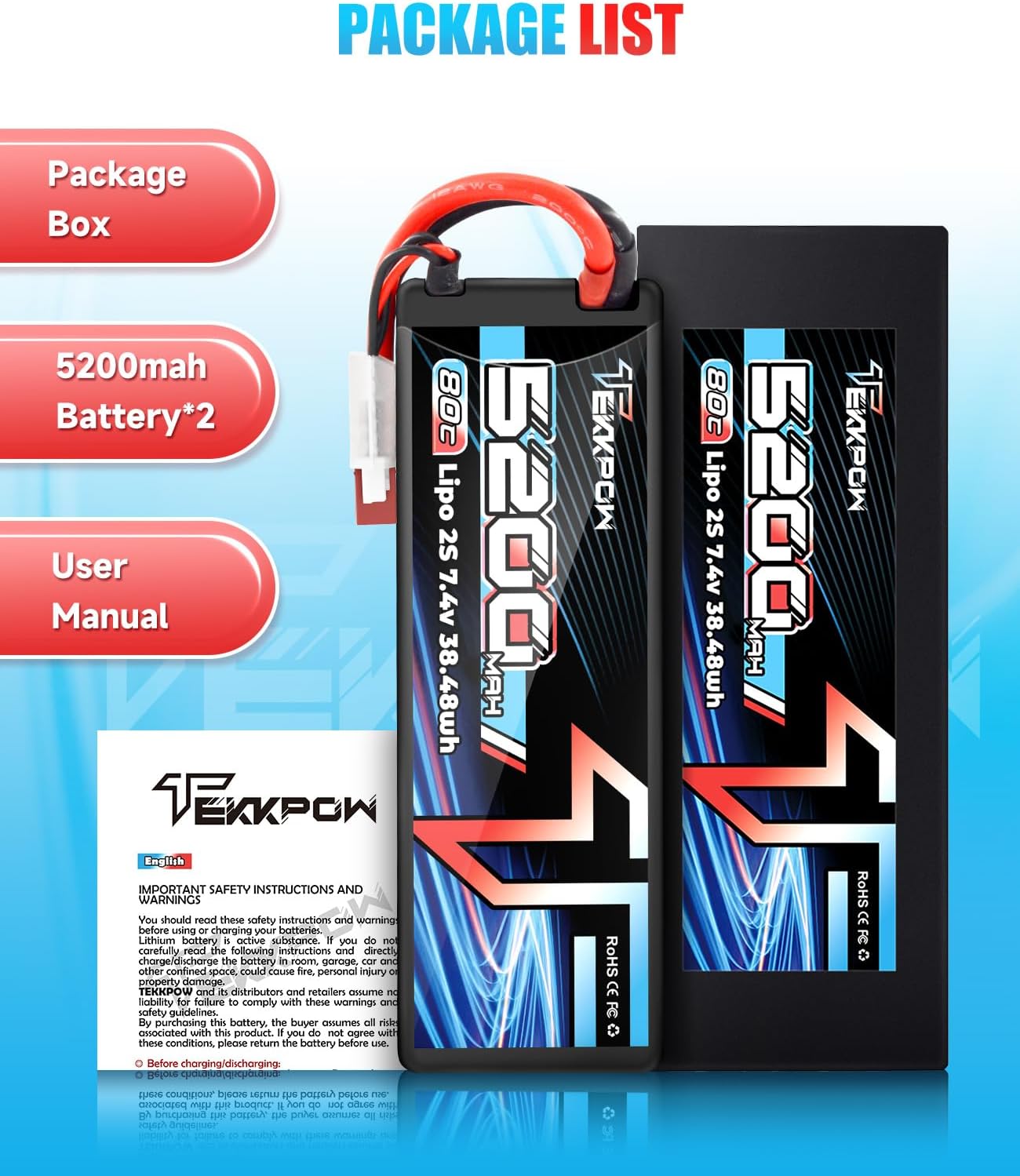 2S Lipo Battery 80C 5200mAh 7.4V LiPo Battery RC Hard Case for RC Car Evader BX Car 1/8 1/10 RC Truck Truggy RC Vehicles - 2 Pack