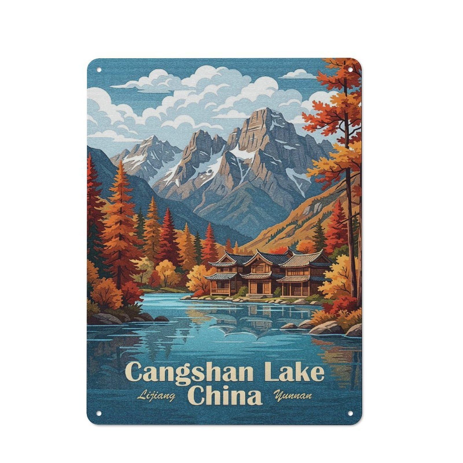 Junmoney Style-18 Rustic Metal Sign With Cangshan Lake, Lijiang, China, Yunnan Design 40X30cm, Country Vintage Cottage Wall Art For Kitchen, Cottage, Porch Or Garden Room