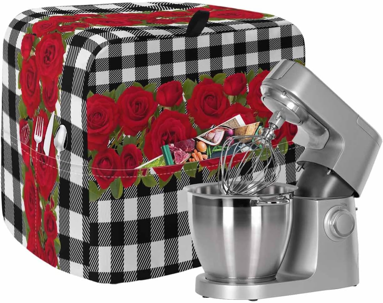 Valentine's Day Stand Mixer Cover with Storage Pocket, Waterproof Kitchen Mixer Covers, Red Roses Floral Leaves Buffalo Plaid Kitchen Appliance Dust Cover Compatible with 4/4.5 Quart Mixers