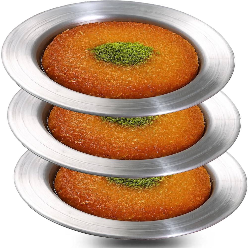 Kunefe Plate - Cooking and Serving Plates for Shredded Kadaifi, kunafa knafe knafeh Phyllo, Fillo Dough Pan - Set of 3 Silver Color Aluminum Pans (Compatible for frozen kunefe)