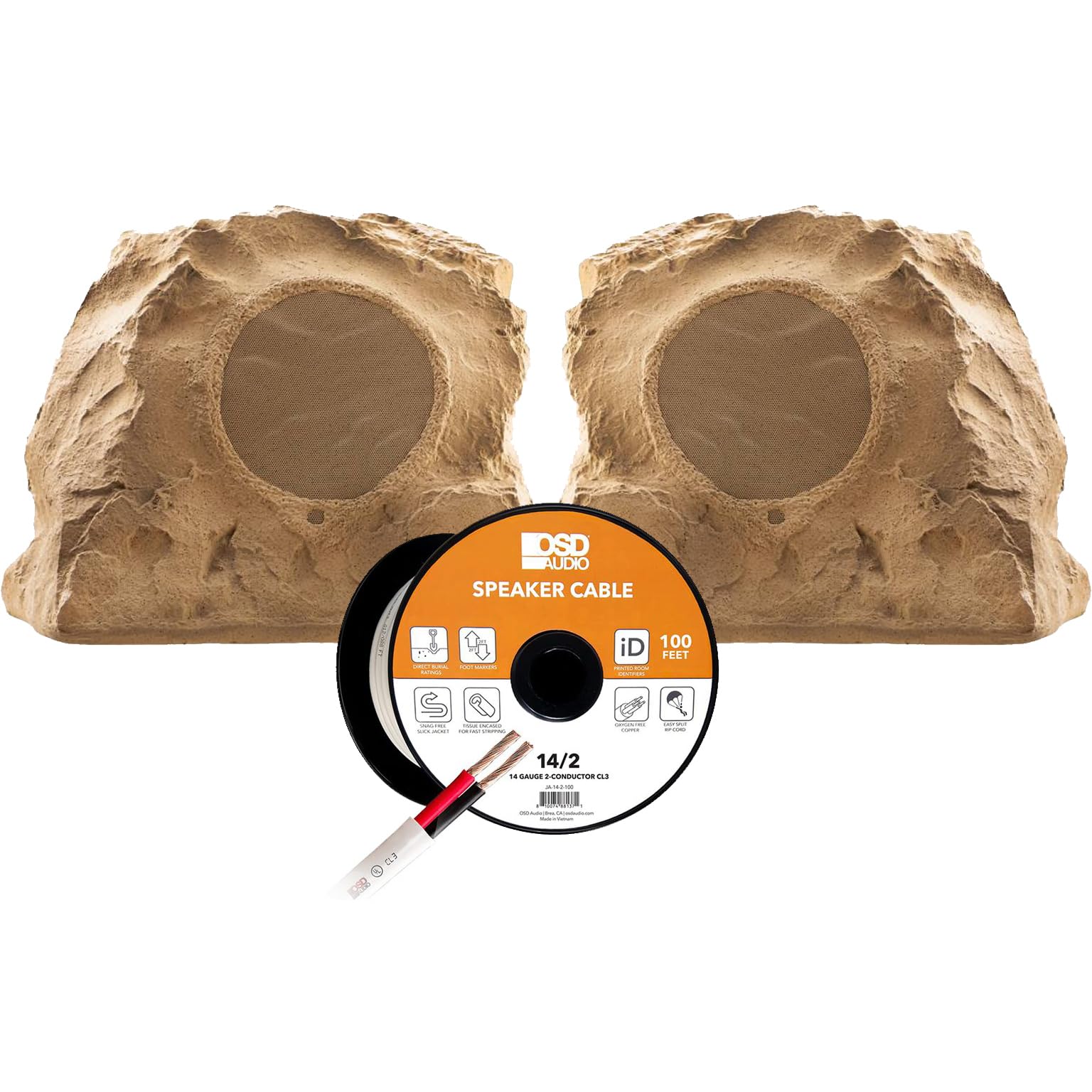 Photo 1 of OSD 8" Weather Resistant Outdoor Rock Speaker 200W Sandstone Brown (x2) + 14/2 Speaker Wire 14 AWG/Gauge 2 Conductor 100FT