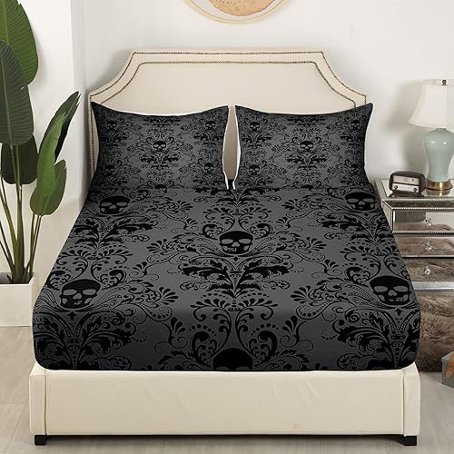 Miniatura 3 de Sábanas de damasco negro para adultos, sábana bajera ajustable barroca victoriana antigua, tamaño Queen, sábanas florales góticas vintage, juego de