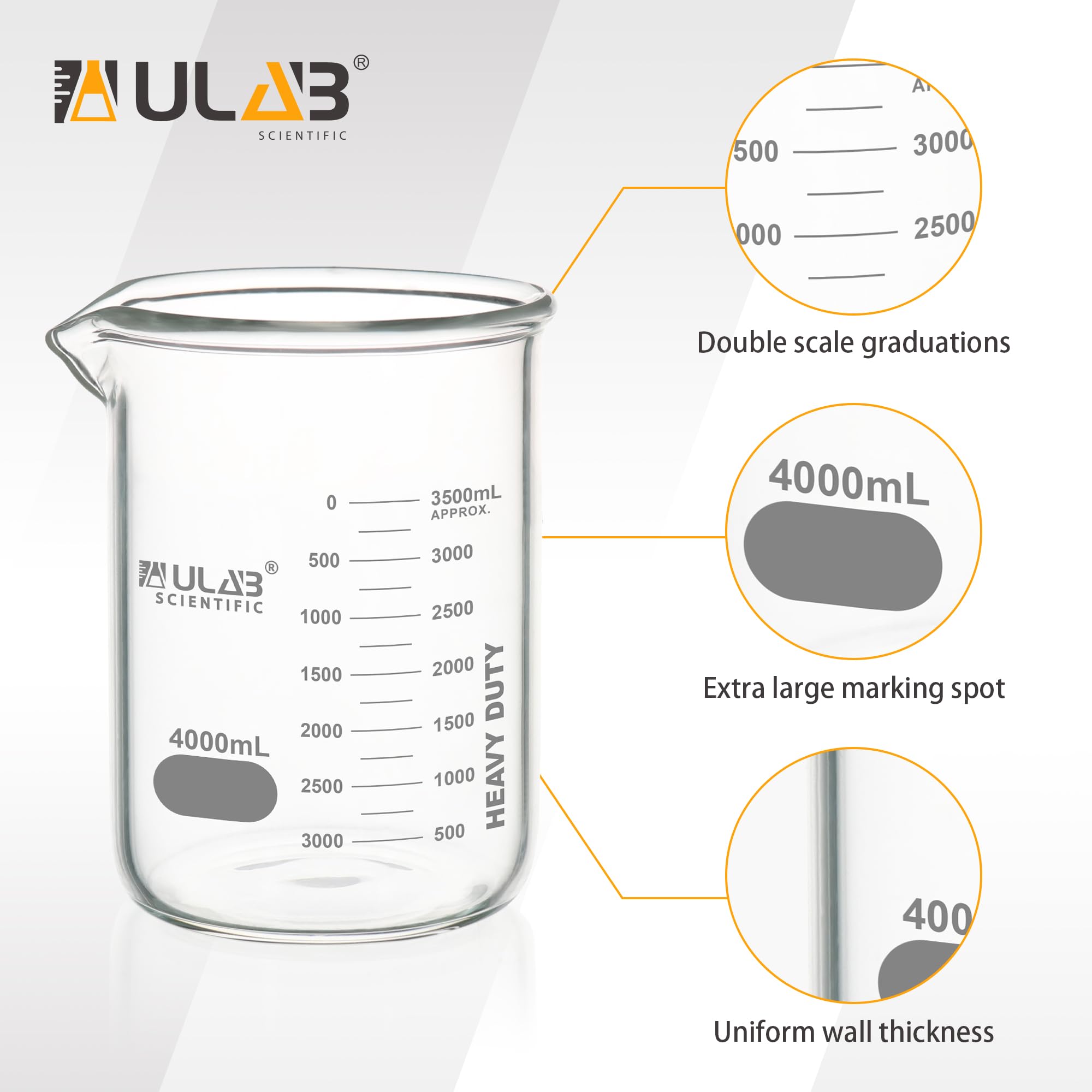 Ulab Glasbecher, strapazierfähig, mit doppelter Skala bedruckter Skala, Vol.4000 ml, UBG1067