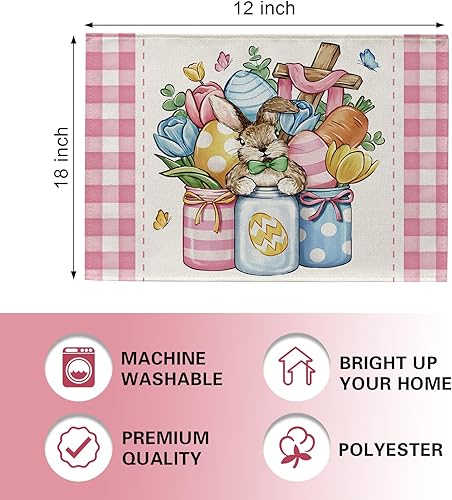 Miniatura 2 de Croar Juego de 4 manteles individuales con tarro de masón de Pascua, diseño religioso de conejo, huevos de conejo, zanahoria y tulipán, decoración