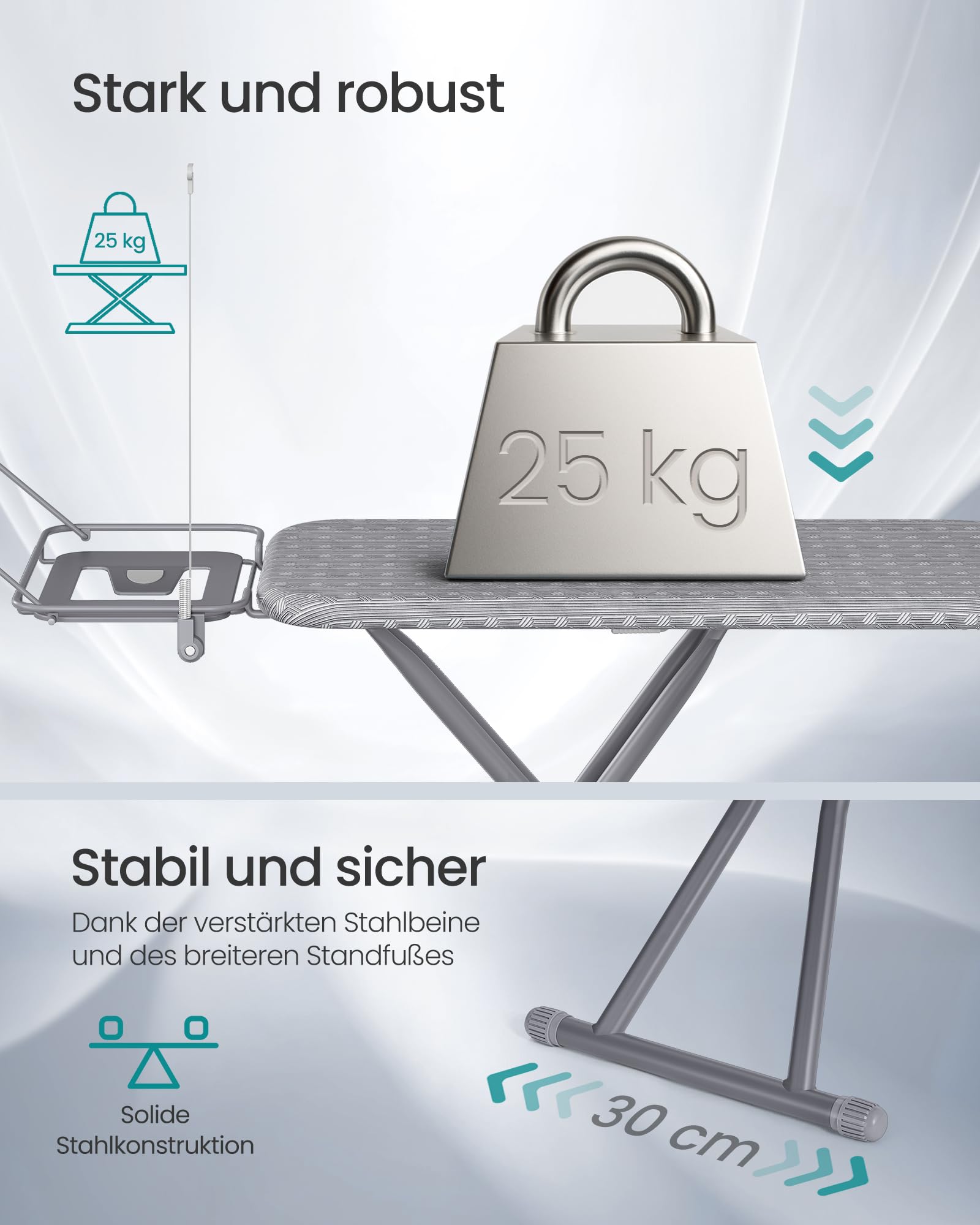 SONGMICS Bügelbrett, 122 x 38 cm Bügelfläche, Bügeltisch höhenverstellbar, klappbar, mit Kabelhalter, Bügeleisenablage, Haken, für Dampfbügelstation, Taubengrau LLB004G101
