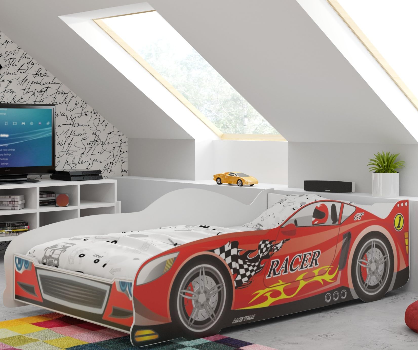 Lit Enfant Simple Forme de Voiture avec Sommier à Lattes 160x80 Rouge