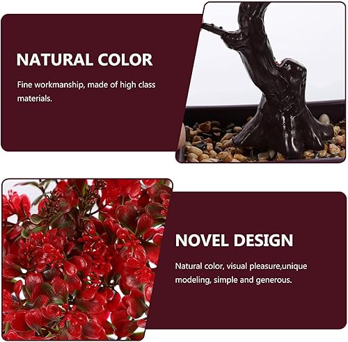 Miniatura 9 de EXCEART Planta de bonsái artificial, decoración en maceta de plástico rojo para escritorio, mesa de boda, centro de mesa, decoración del hogar y la
