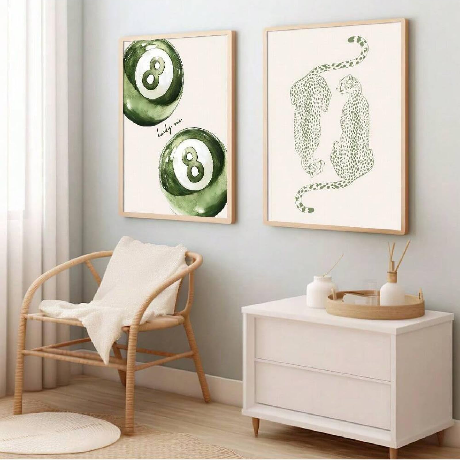 ZBELLO Set of 2 Posters, 2D Flat, Green Lucky 8-Ball & Leopard, Watercolor Billiards & Cheetah Prints, for Dorm, College Apartment, Living Room, Bedroom, Modern Home Decor (40x50cm)